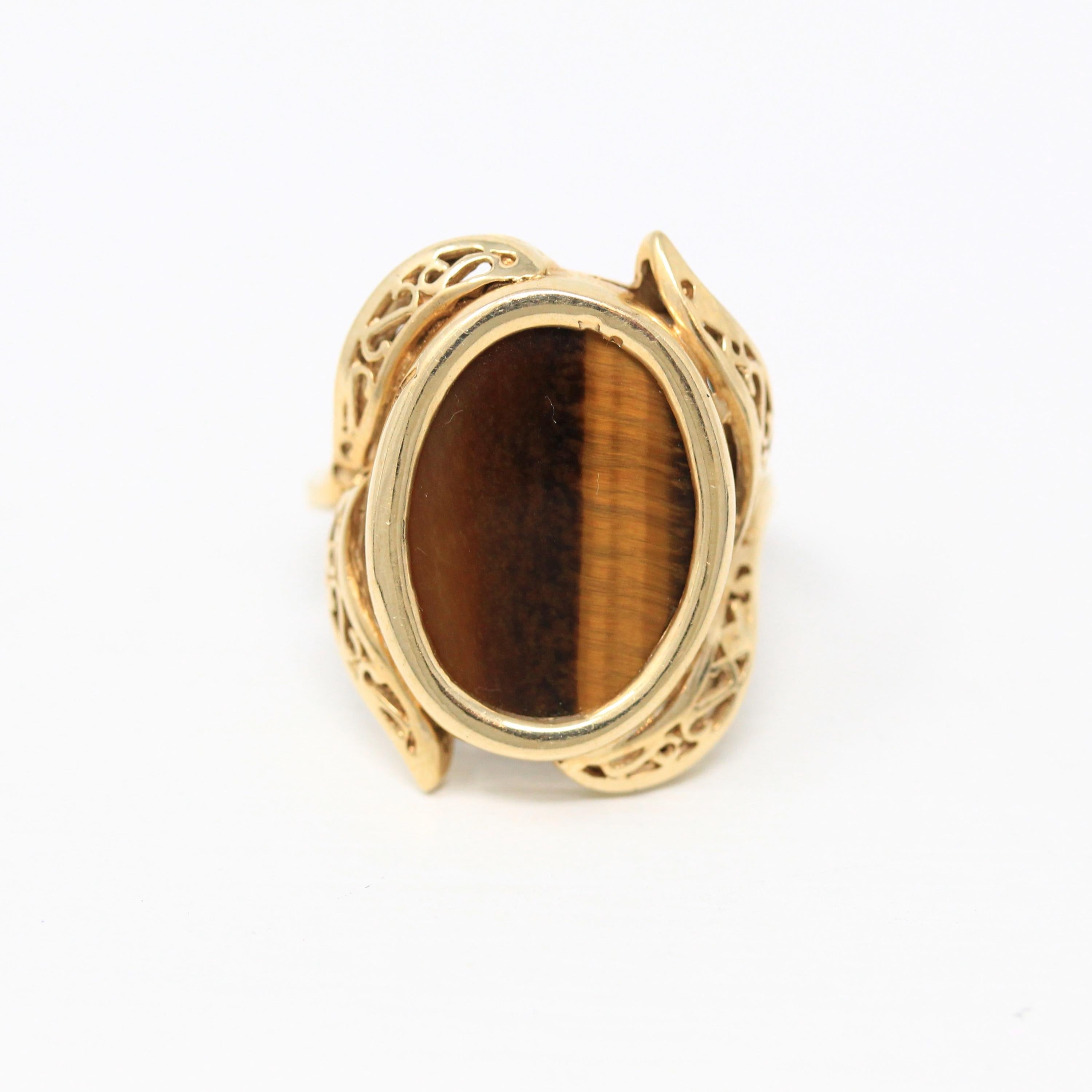 Tiger's Eye Ring - Retro 10k Yellow Gold Genuine Brown Gemstone Statement - Vintage Circa 1970s Era Size 5 1/2 New Old Stock Fine Jewelry