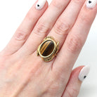 Tiger's Eye Ring - Retro 10k Yellow Gold Genuine Brown Gemstone Statement - Vintage Circa 1970s Era Size 5 1/2 New Old Stock Fine Jewelry