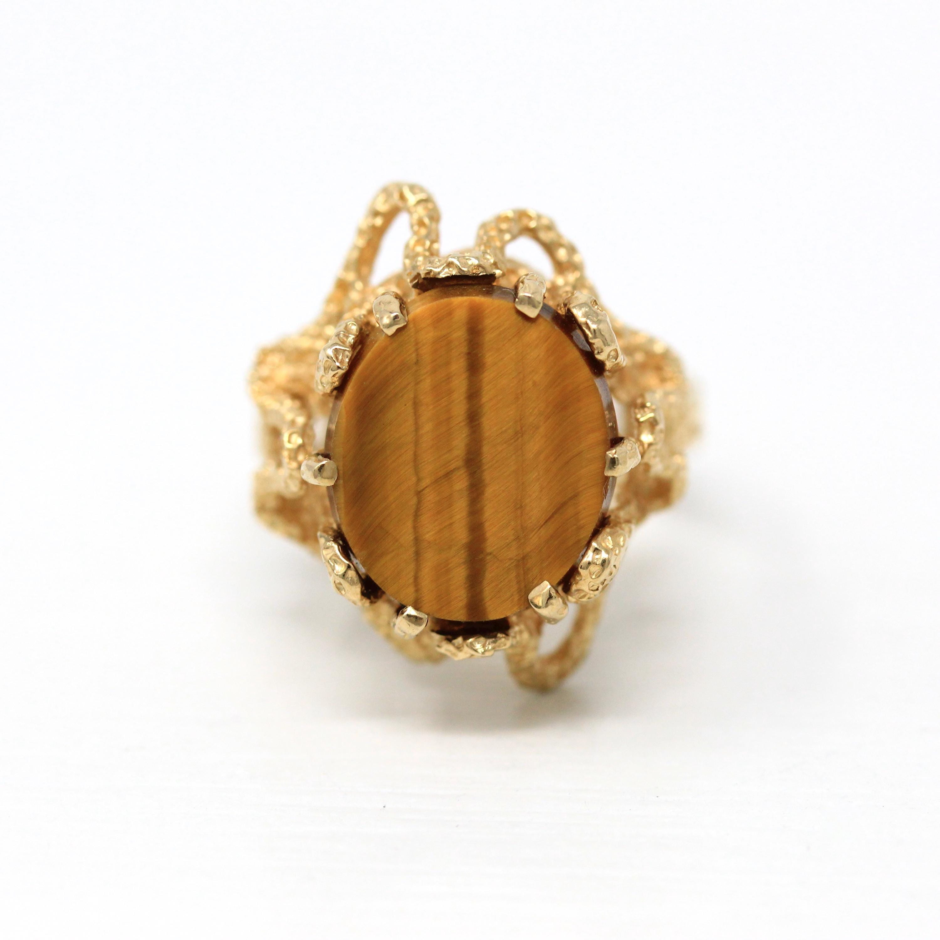 Tiger's Eye Ring - Retro 10k Yellow Gold Genuine Brown Gemstone Statement - Vintage Circa 1970s Era Size 6 3/4 New Old Stock Fine Jewelry