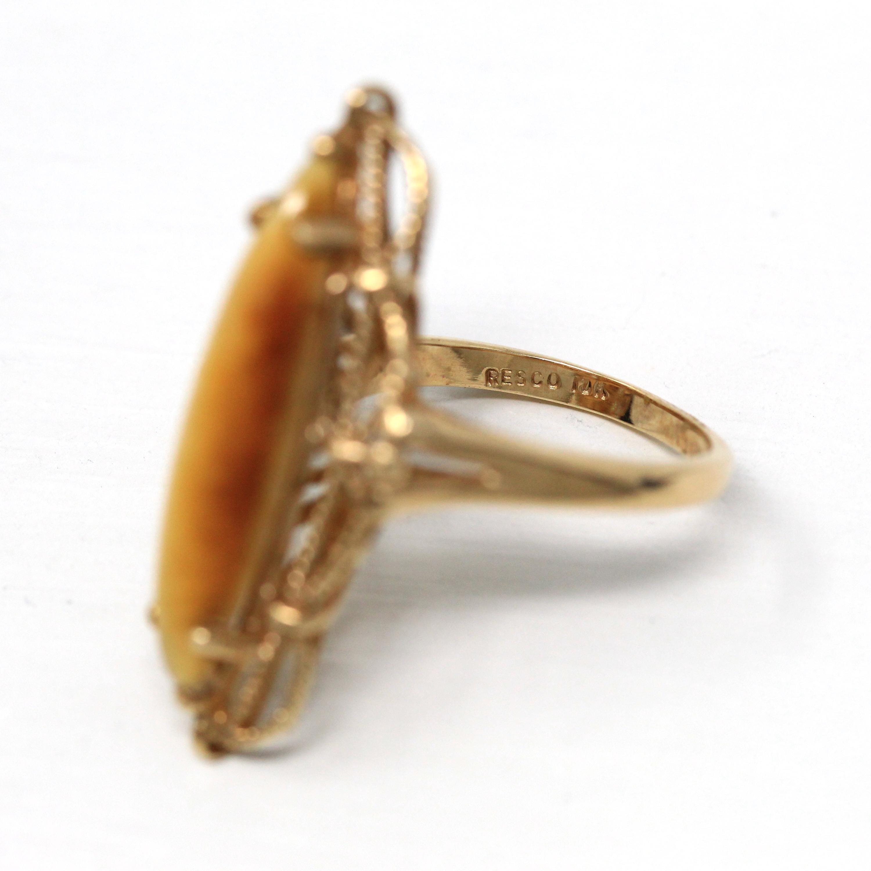 Tiger's Eye Ring - Retro 10k Yellow Gold Genuine Chatoyant Gemstone Statement - Vintage Circa 1970s Era Size 6 1/2 New Old Stock Jewelry