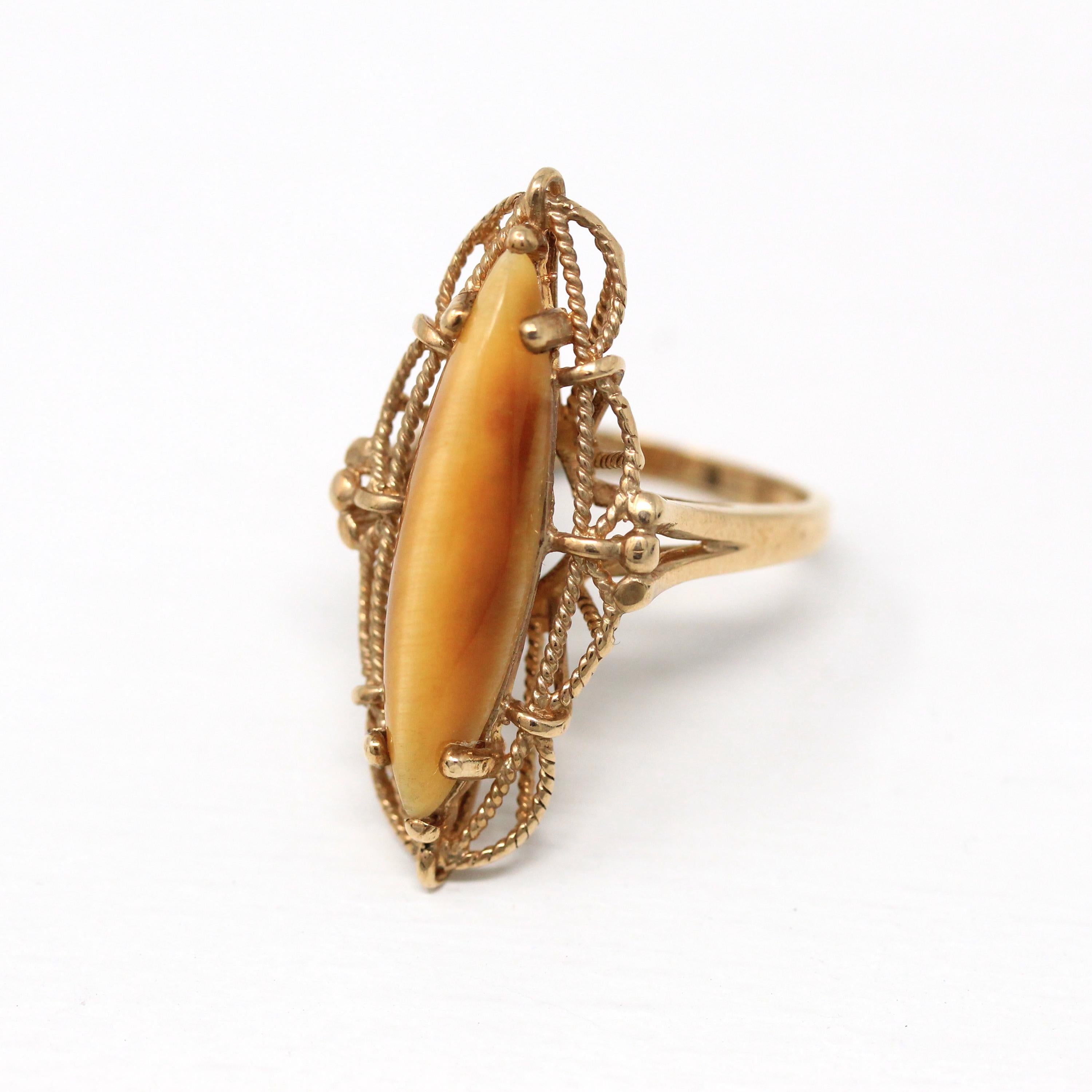 Tiger's Eye Ring - Retro 10k Yellow Gold Genuine Chatoyant Gemstone Statement - Vintage Circa 1970s Era Size 6 1/2 New Old Stock Jewelry