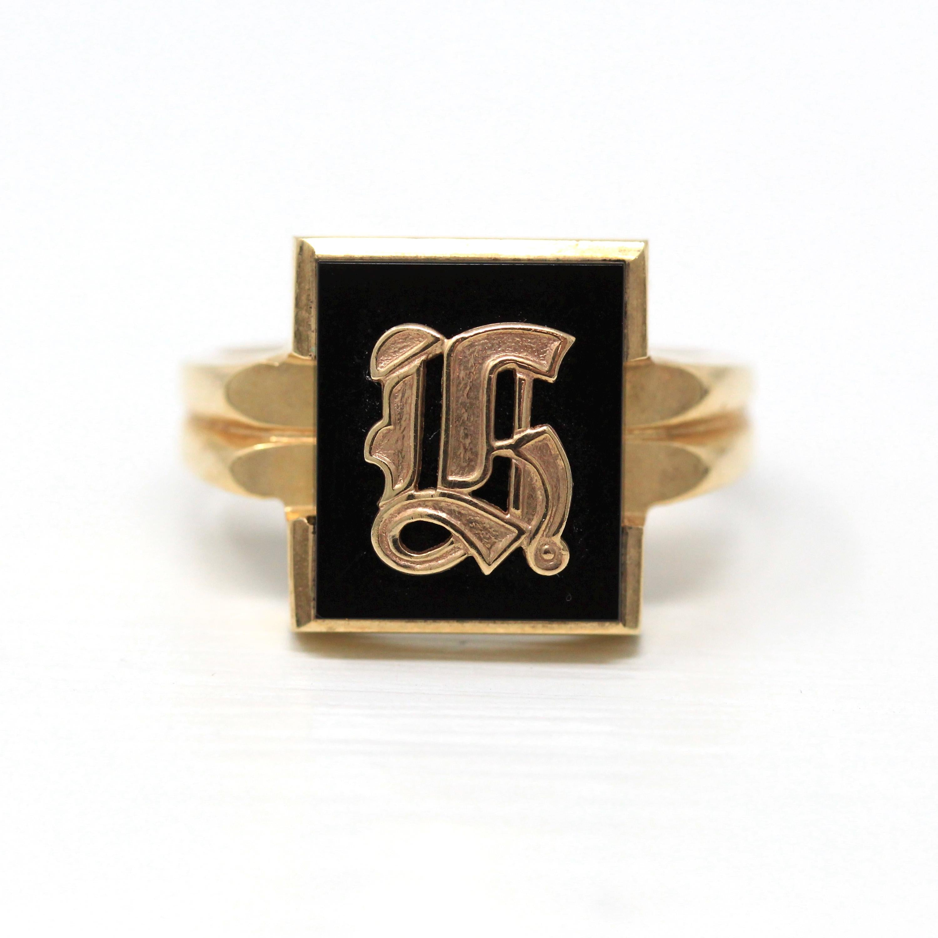 Letter "H" Ring - Retro 10k Yellow Gold Genuine Onyx Old English Initial - Vintage Circa 1960s Size 10 1/2 Statement New Old Stock Jewelry