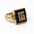 Letter "H" Ring - Retro 10k Yellow Gold Genuine Onyx Old English Initial - Vintage Circa 1960s Size 10 1/2 Statement New Old Stock Jewelry