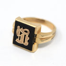 Letter "H" Ring - Retro 10k Yellow Gold Genuine Onyx Old English Initial - Vintage Circa 1960s Size 10 1/2 Statement New Old Stock Jewelry