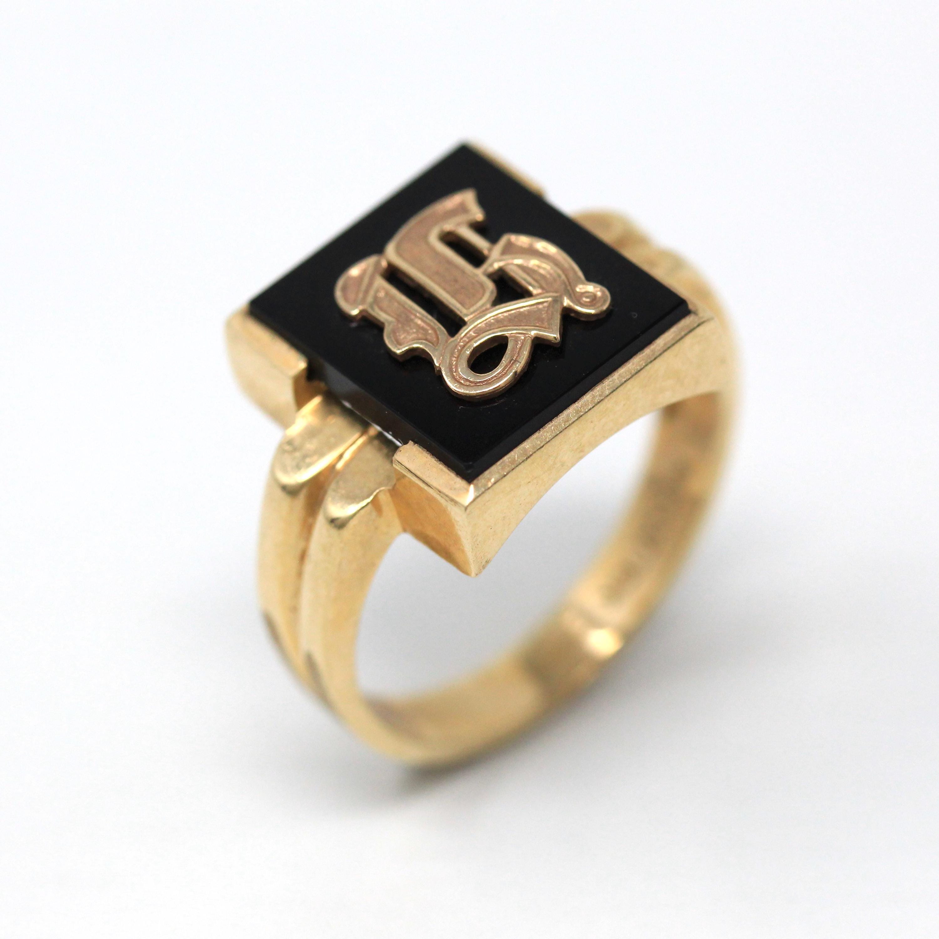 Letter "H" Ring - Retro 10k Yellow Gold Genuine Onyx Old English Initial - Vintage Circa 1960s Size 10 1/2 Statement New Old Stock Jewelry