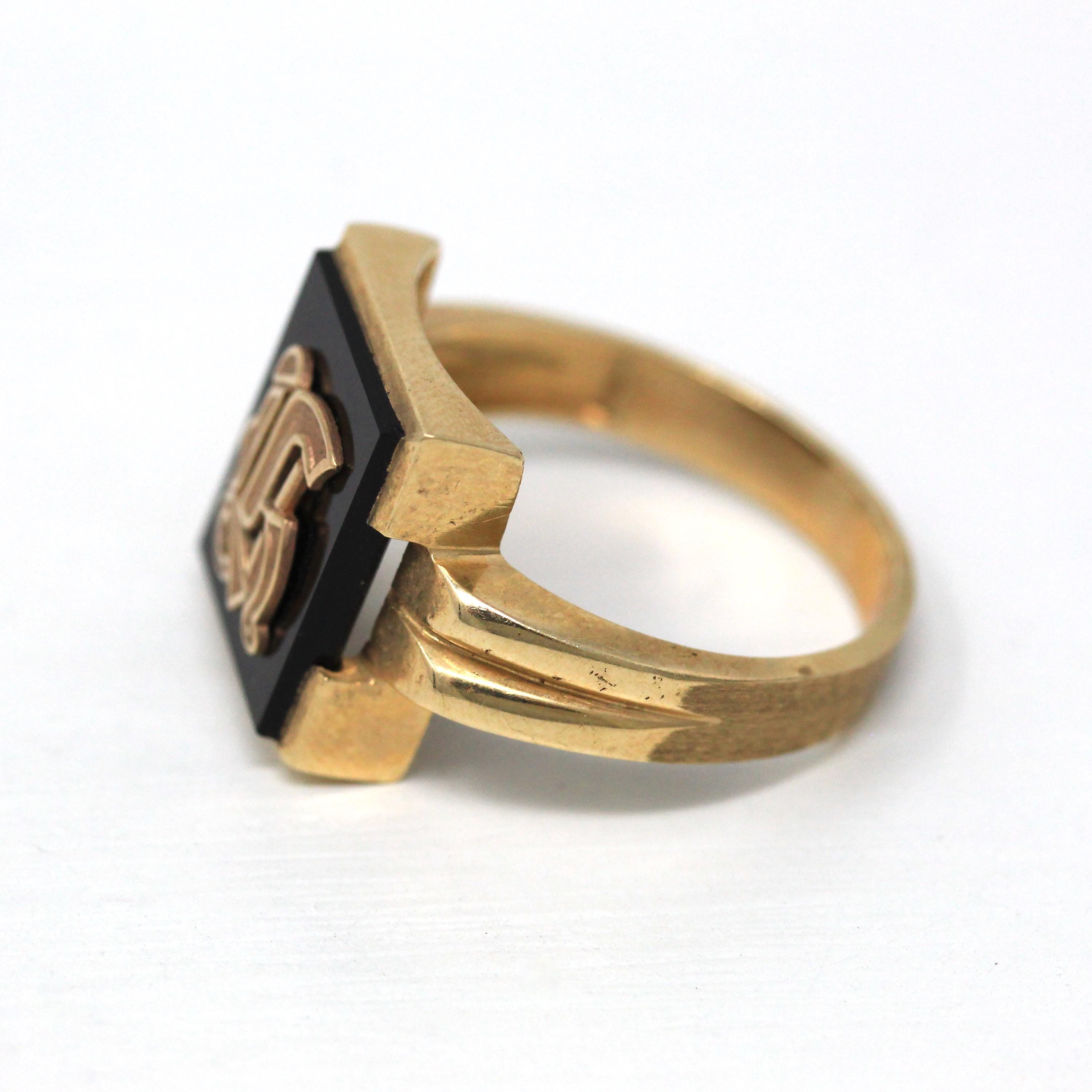 Letter "H" Ring - Retro 10k Yellow Gold Genuine Onyx Old English Initial - Vintage Circa 1960s Size 10 1/2 Statement New Old Stock Jewelry