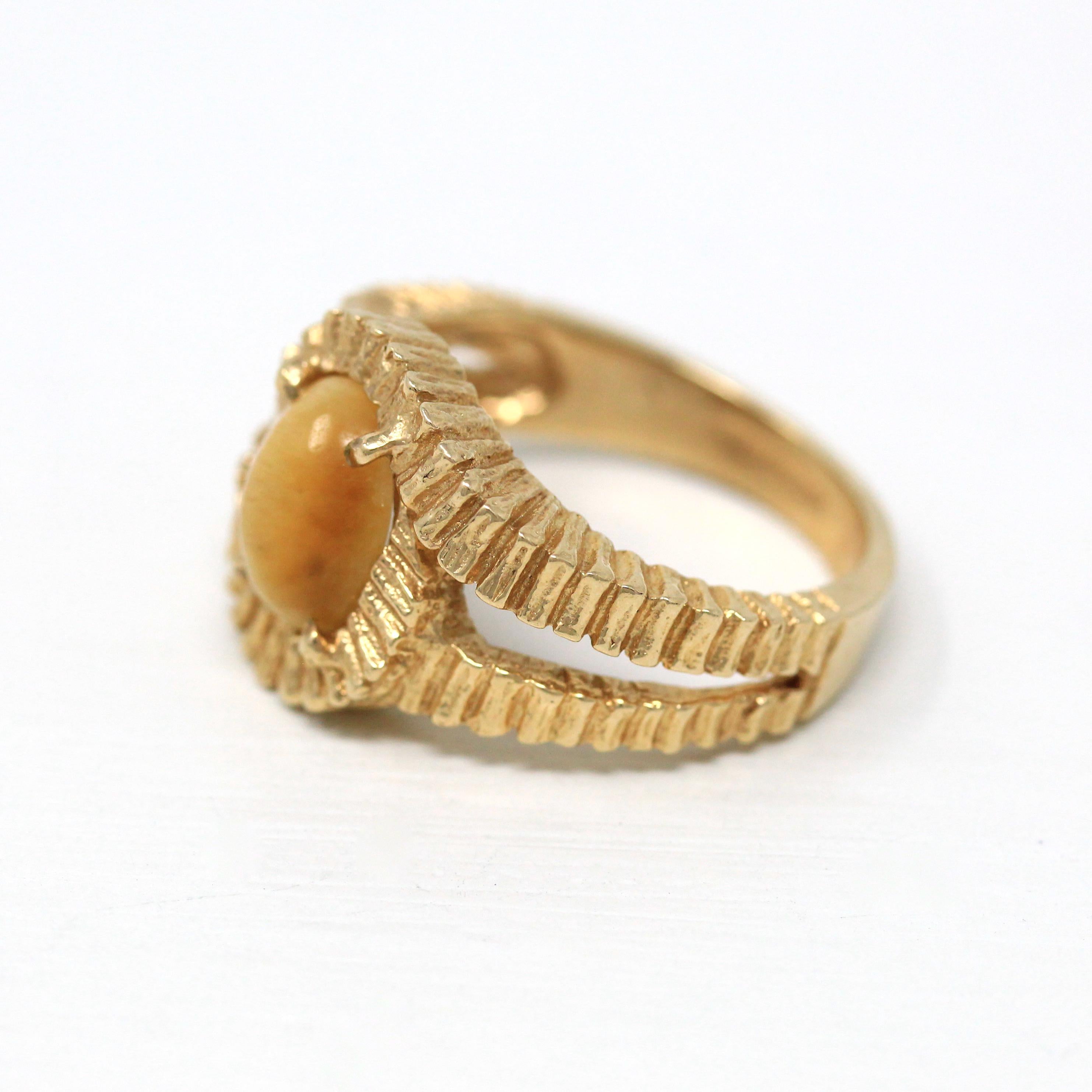 Tiger's Eye Ring - Retro 10k Yellow Gold Genuine Brown Gemstone Statement - Vintage Circa 1970s Era Size 9 New Old Stock Fine 70s Jewelry