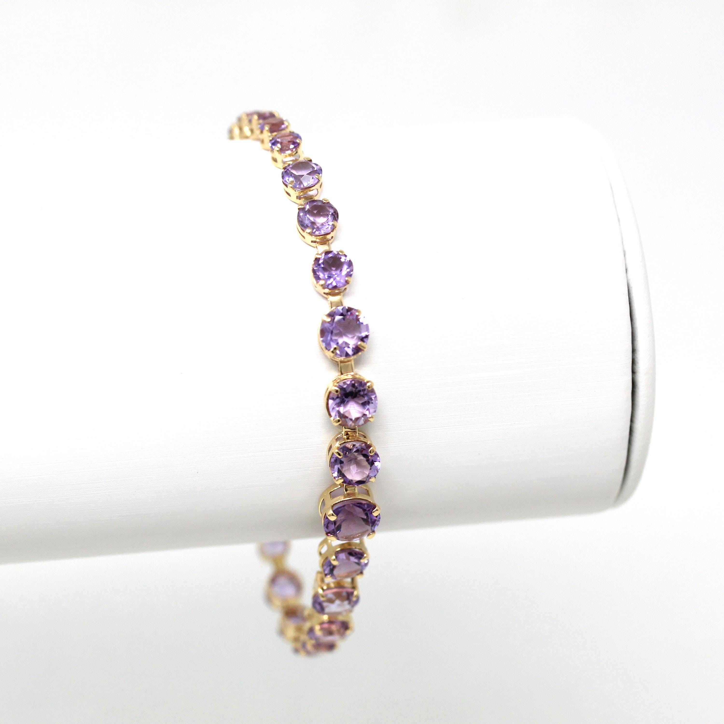 Genuine Amethyst Bracelet - Estate 14k Yellow Gold Purple Round Cut Graduated Gemstones - Circa 2000s Tennis Style Fine 7.5 inches Jewelry