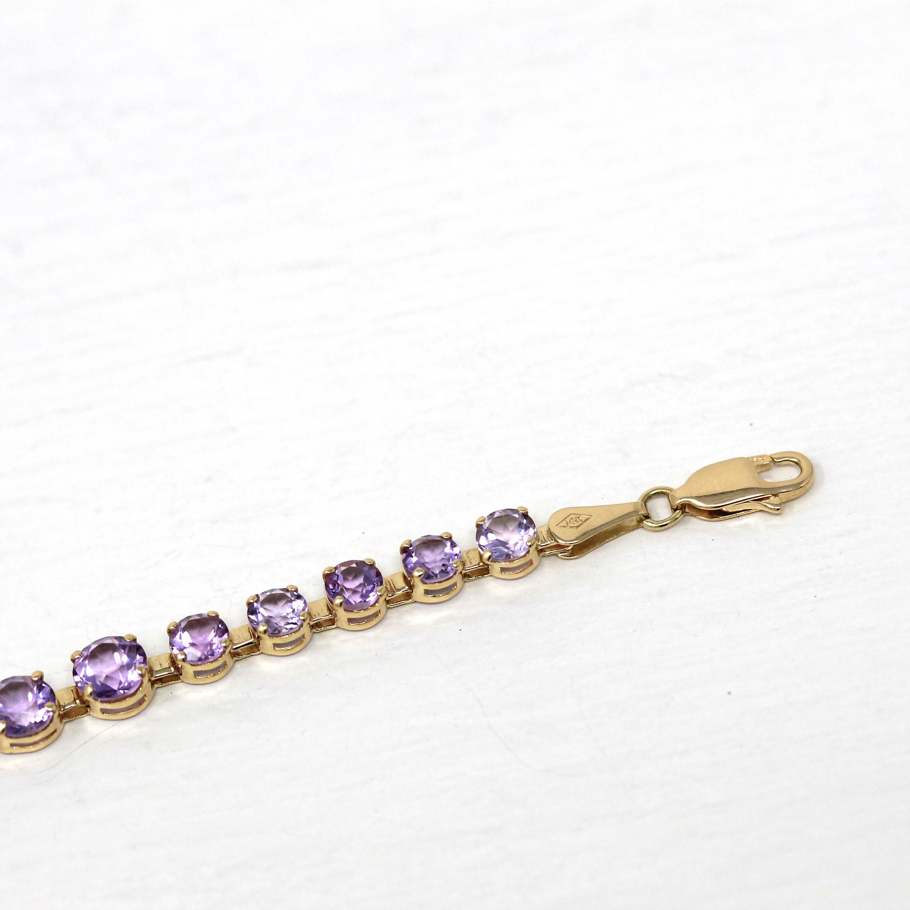 Genuine Amethyst Bracelet - Estate 14k Yellow Gold Purple Round Cut Graduated Gemstones - Circa 2000s Tennis Style Fine 7.5 inches Jewelry