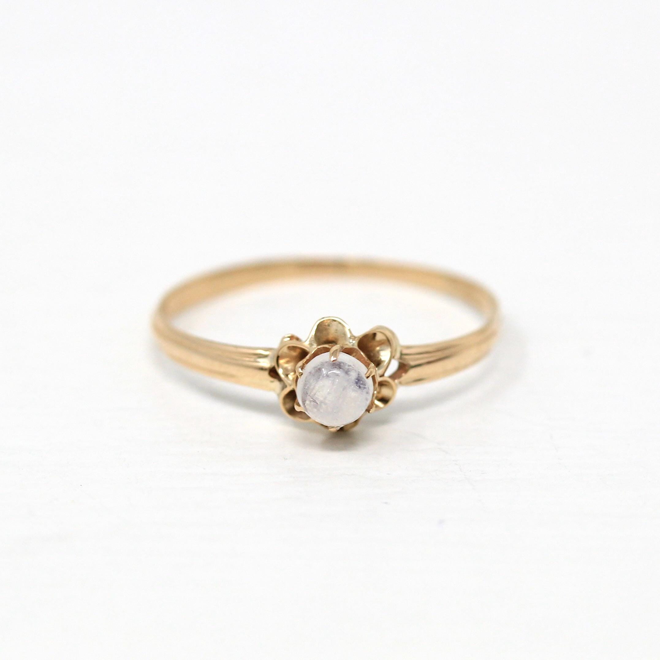 Genuine Moonstone Ring - Edwardian 10k Yellow Gold Cabochon Cut .26 CT Gemstone - Antique Circa 1910s Era Size 7 1/2 Buttercup Fine Jewelry