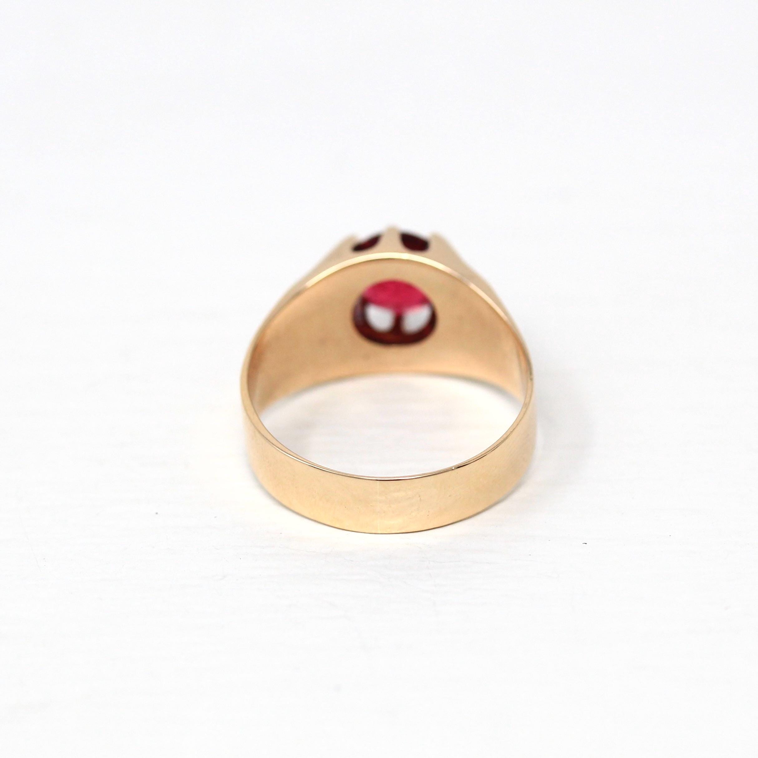 Garnet Doublet Ring - Edwardian 10k Rose Gold Round Faceted Red Pink Glass Stone - Antique Circa 1900s Size 9 1/4 Solitaire Belcher Jewelry