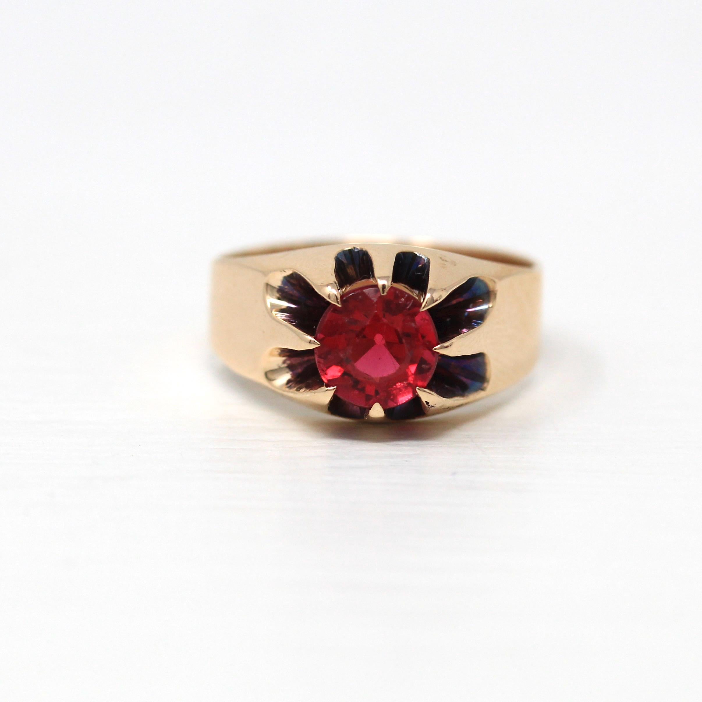 Garnet Doublet Ring - Edwardian 10k Rose Gold Round Faceted Red Pink Glass Stone - Antique Circa 1900s Size 9 1/4 Solitaire Belcher Jewelry