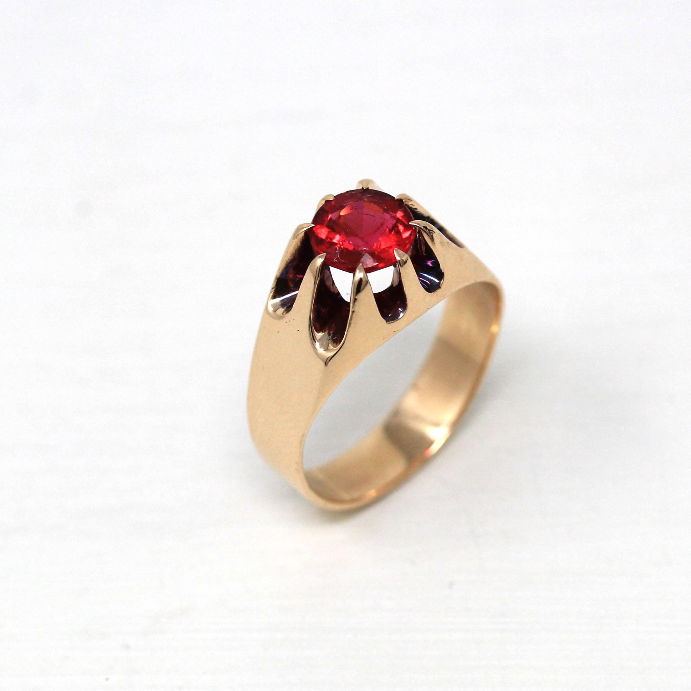 Garnet Doublet Ring - Edwardian 10k Rose Gold Round Faceted Red Pink Glass Stone - Antique Circa 1900s Size 9 1/4 Solitaire Belcher Jewelry