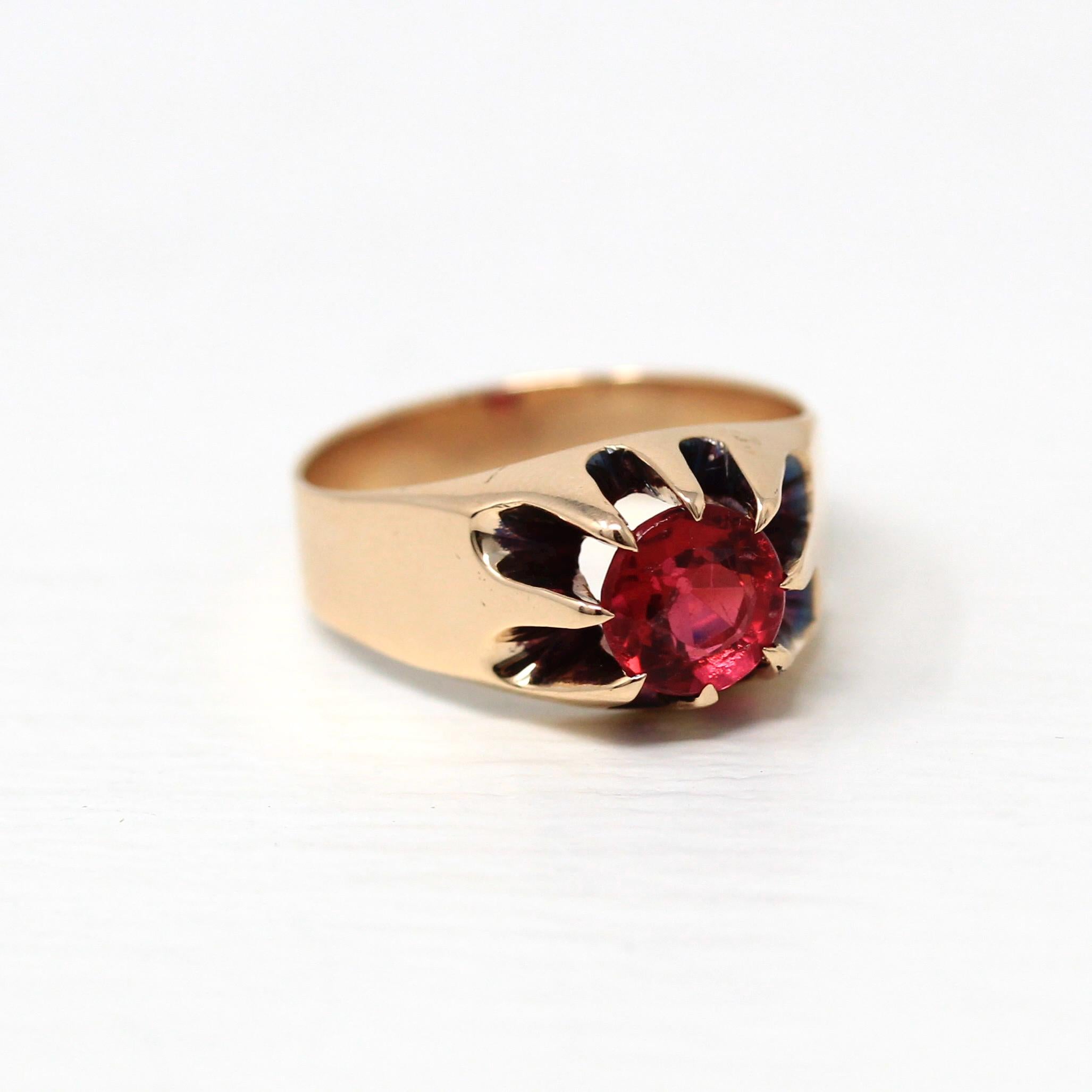 Garnet Doublet Ring - Edwardian 10k Rose Gold Round Faceted Red Pink Glass Stone - Antique Circa 1900s Size 9 1/4 Solitaire Belcher Jewelry