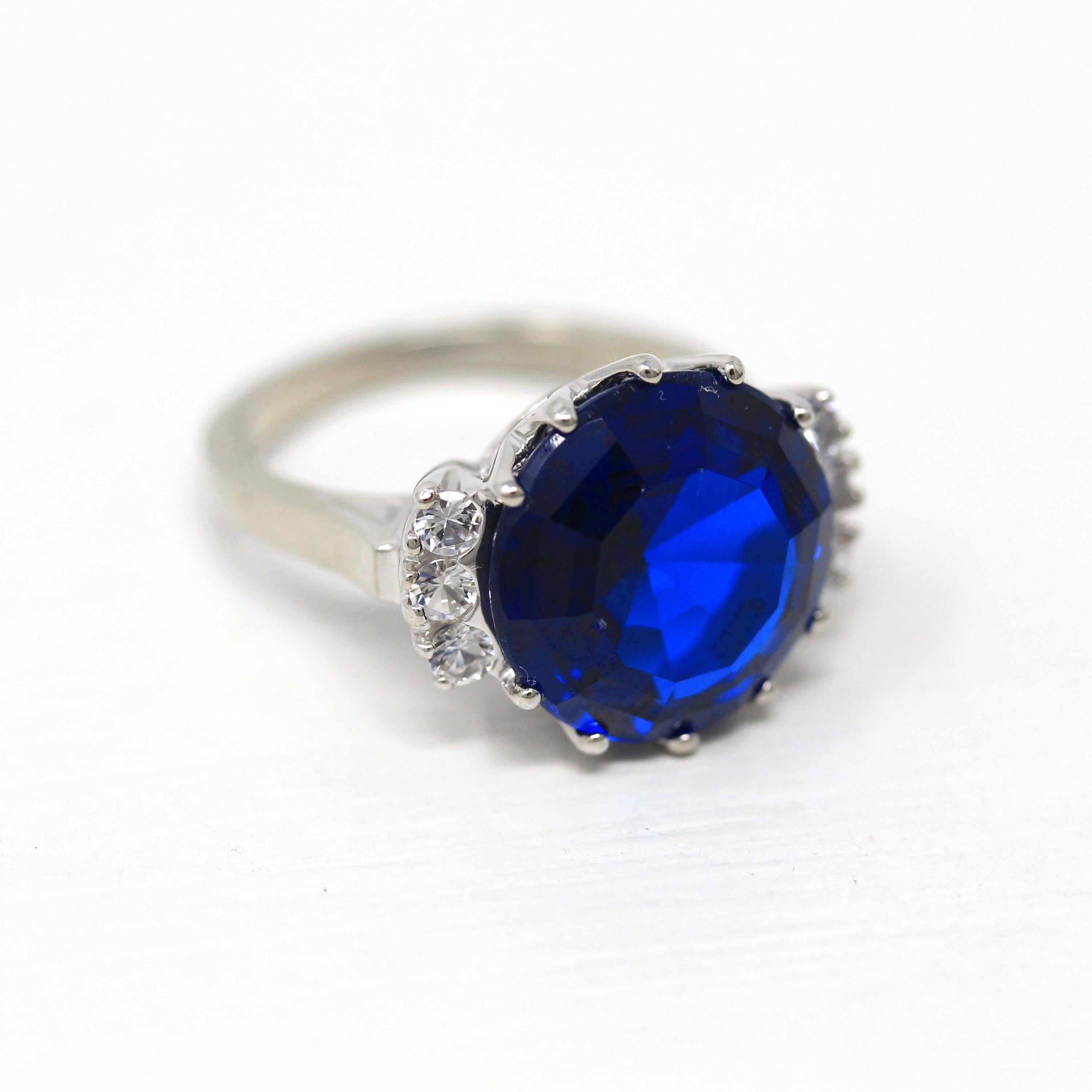 Created Spinel Ring - Vintage Mid Century 10k White Gold Round Cut 7.35 Ct Blue & White Stone Statement - Circa 1950s Size 6 Fine Jewelry