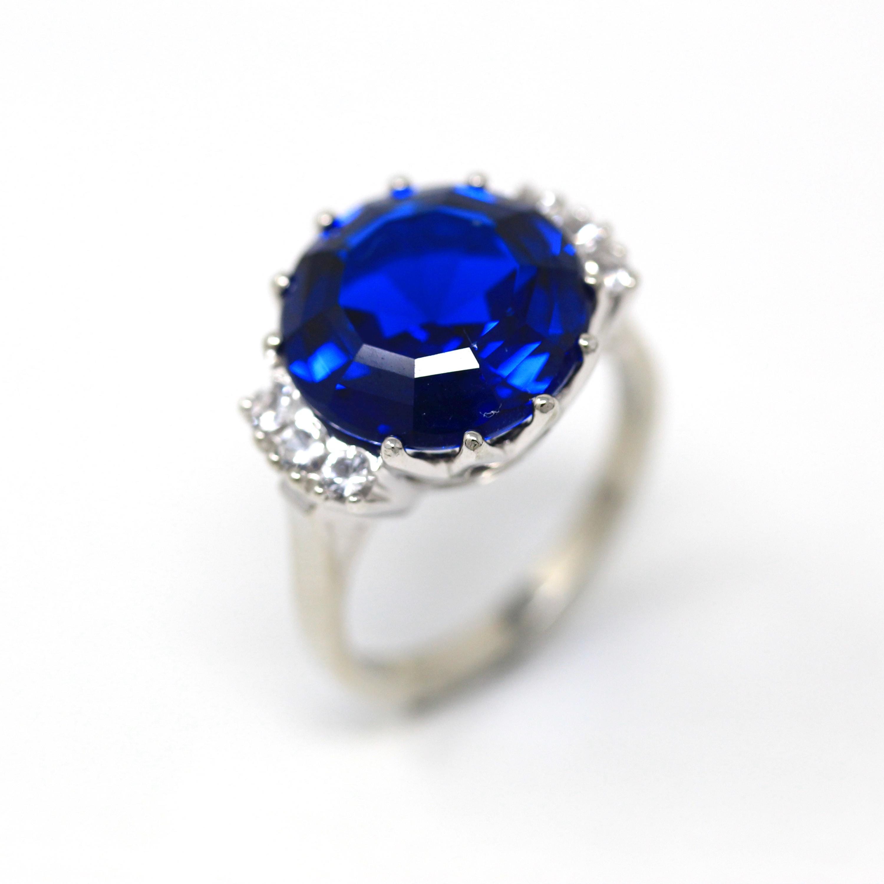 Created Spinel Ring - Vintage Mid Century 10k White Gold Round Cut 7.35 Ct Blue & White Stone Statement - Circa 1950s Size 6 Fine Jewelry