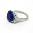 Created Spinel Ring - Vintage Mid Century 10k White Gold Round Cut 7.35 Ct Blue & White Stone Statement - Circa 1950s Size 6 Fine Jewelry