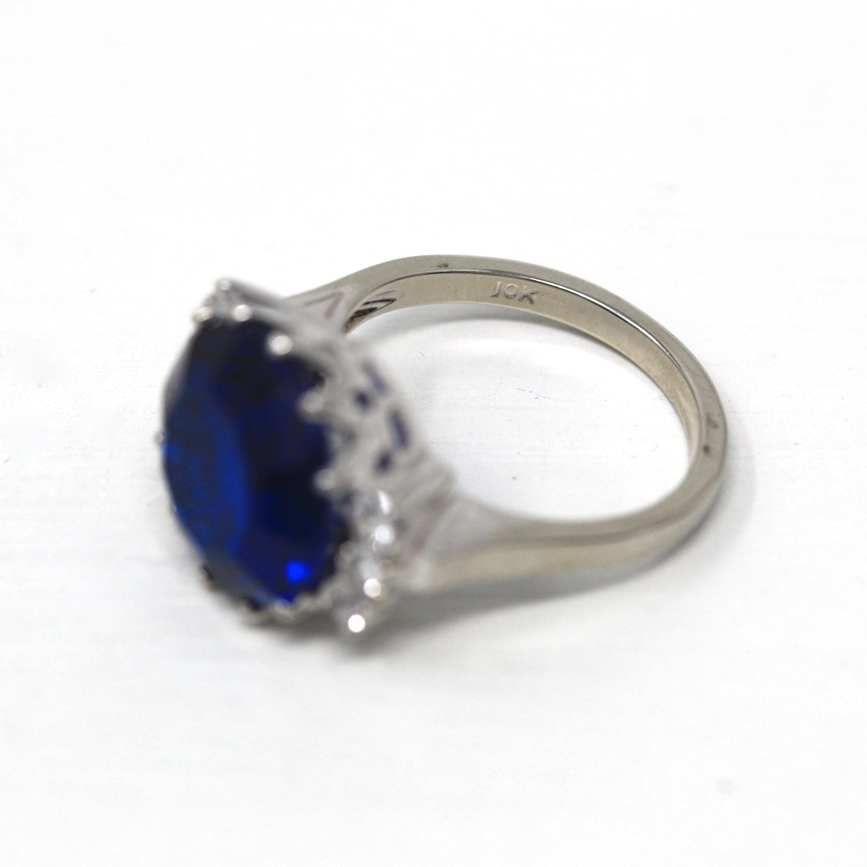 Created Spinel Ring - Vintage Mid Century 10k White Gold Round Cut 7.35 Ct Blue & White Stone Statement - Circa 1950s Size 6 Fine Jewelry