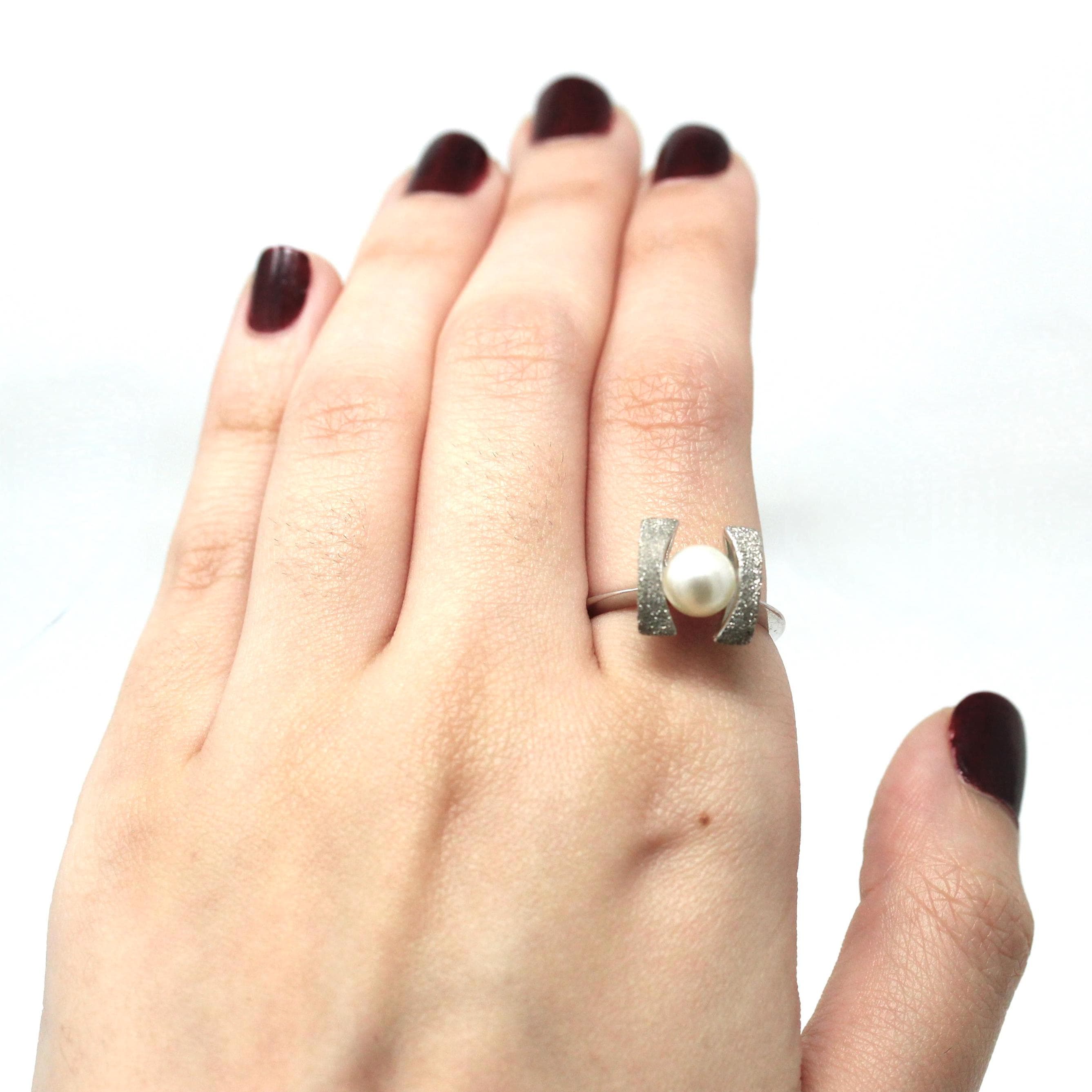 Cultured Pearl Ring - Retro 10k White Gold 7 mm Round White Gem - Vintage Circa 1970s Era Size 6 1/4 New Old Stock Statement Jewelry