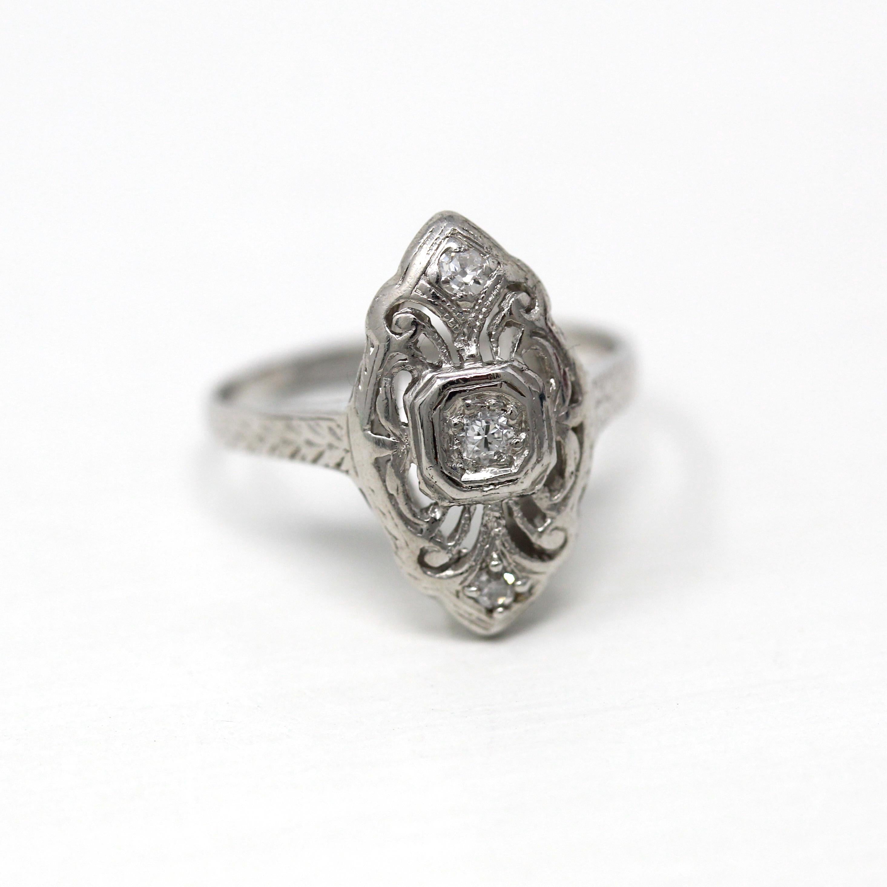 Vintage Shield Ring - Art Deco 14k White Gold & Platinum Genuine Diamonds - Circa 1920s Era Size 4 1/2 Fine Filigree Engraved 20s Jewelry