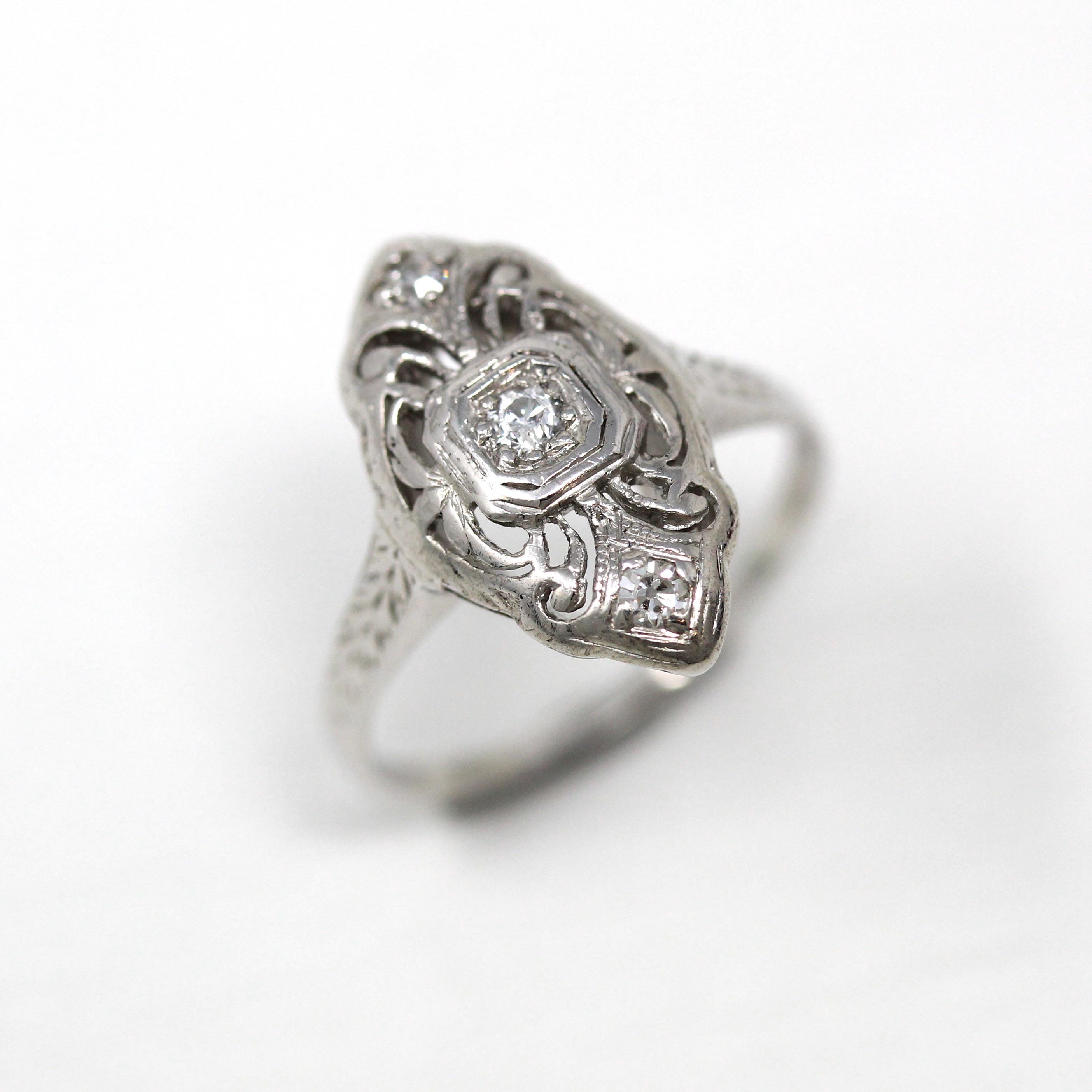 Vintage Shield Ring - Art Deco 14k White Gold & Platinum Genuine Diamonds - Circa 1920s Era Size 4 1/2 Fine Filigree Engraved 20s Jewelry