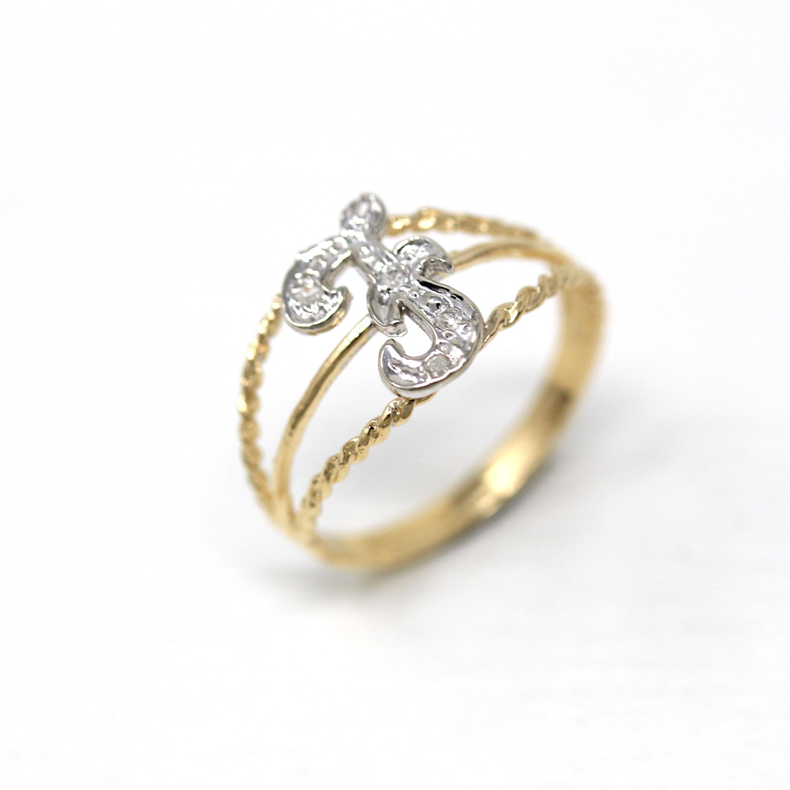 Letter "F" Ring - Estate 14k Yellow & White Gold Initial Monogram Diamonds - Modern Circa 1990s Era Size 6 1/2 Statement 90s Jewelry