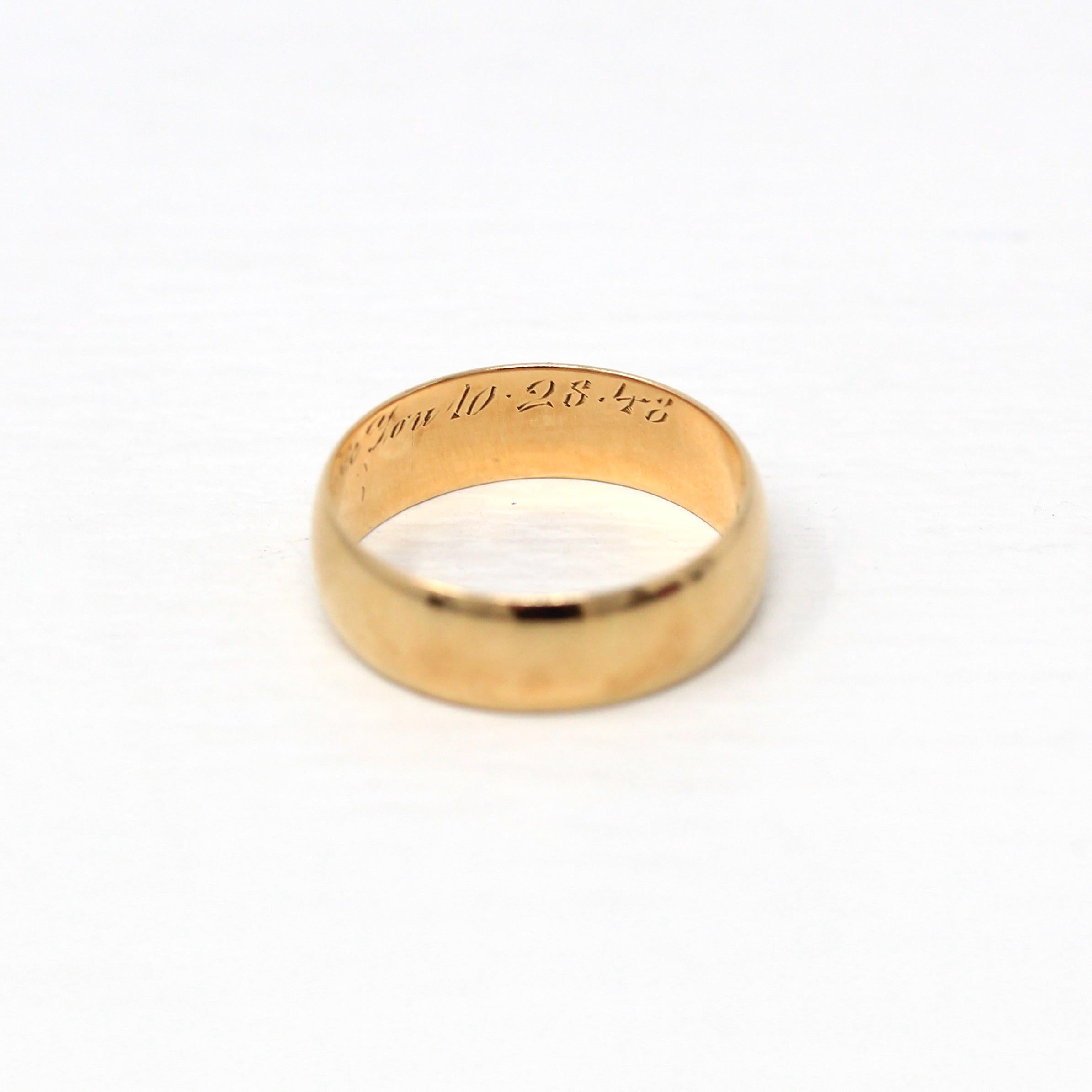 Vintage Wedding Band - Retro 14k Yellow Gold Unadorned Wide 6 mm Ring - Vintage Dated 1948 Size 7.5 Unisex Wedding Statement Jewelry