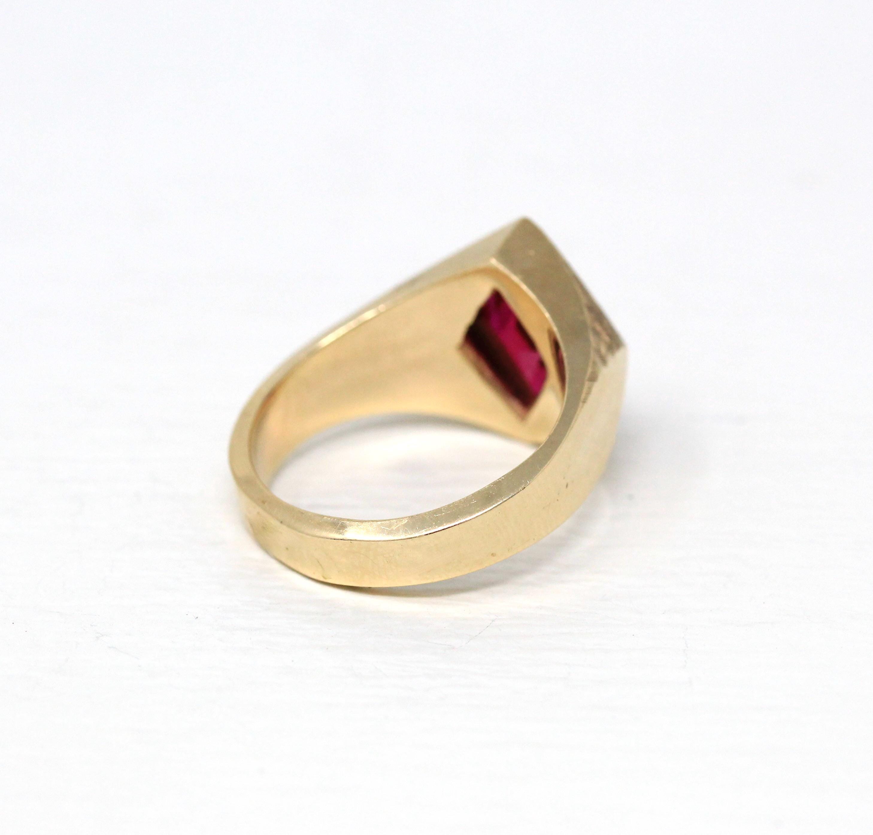 Created Ruby Ring - Retro 10k Yellow Gold Cut Red Stone Chunky Men's - Vintage Circa 1960s Era Size 10 New Old Stock Jewelry