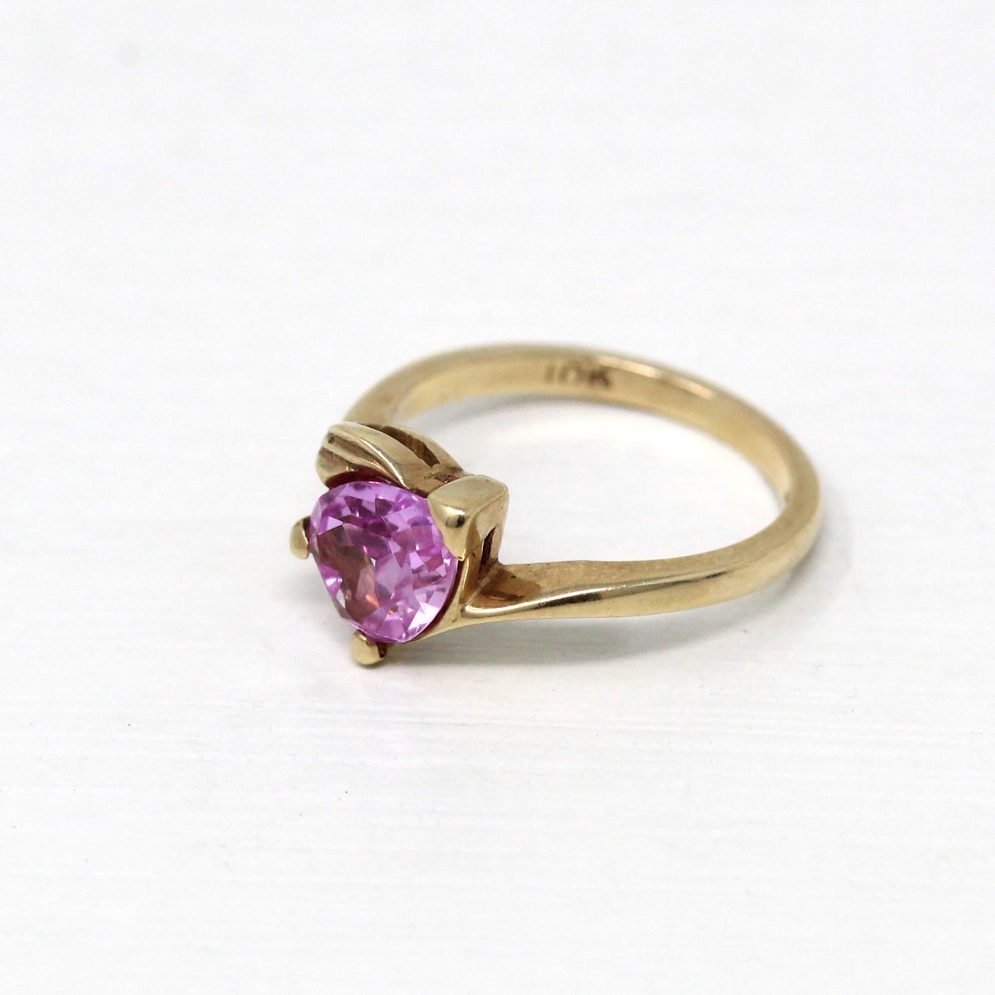 Created Pink Sapphire Ring - Retro 10k Yellow Gold Faceted Heart Cut Stone - Vintage Circa 1960s Size 4 3/4 New Old Stock Romantic Jewelry