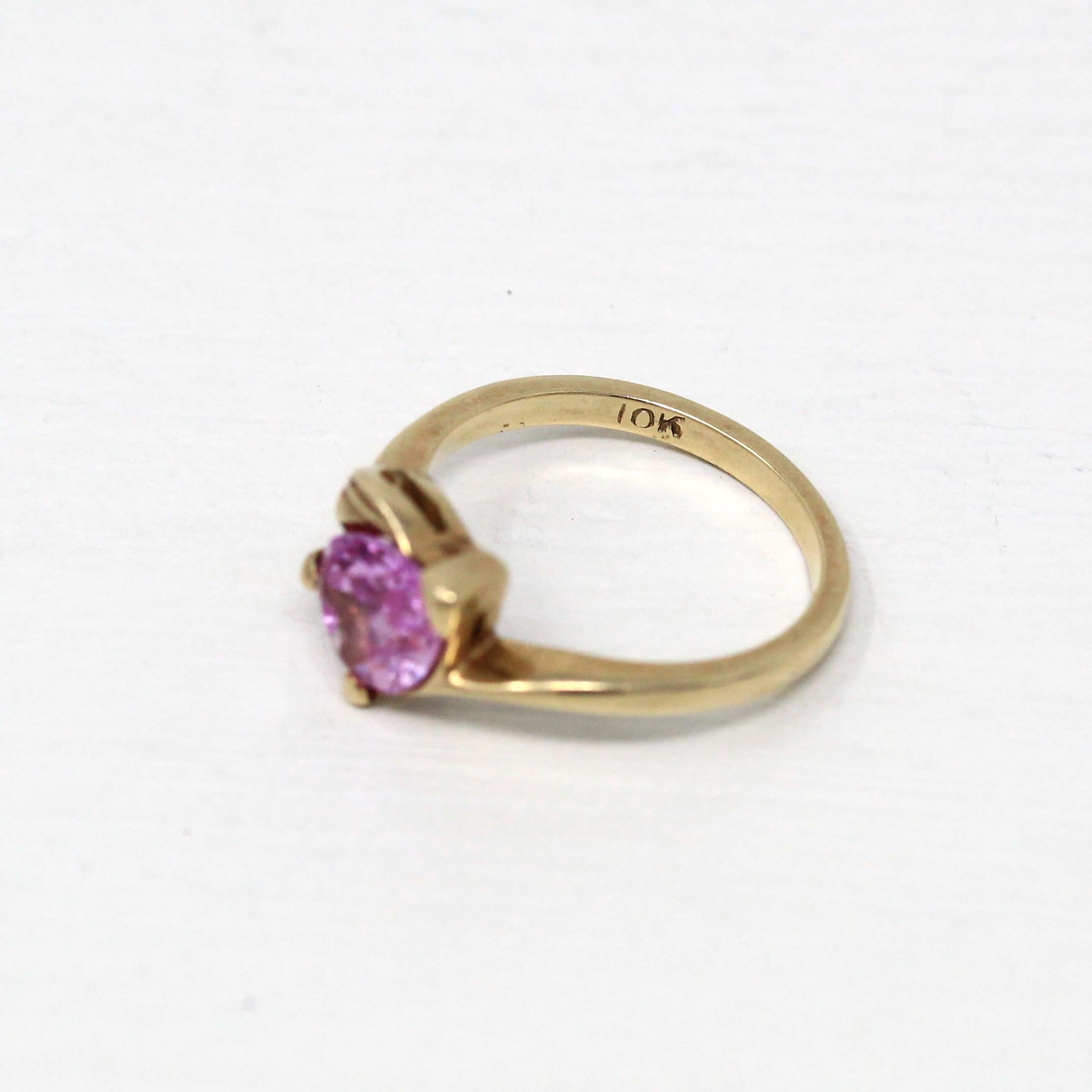 Created Pink Sapphire Ring - Retro 10k Yellow Gold Faceted Heart Cut Stone - Vintage Circa 1960s Size 4 3/4 New Old Stock Romantic Jewelry