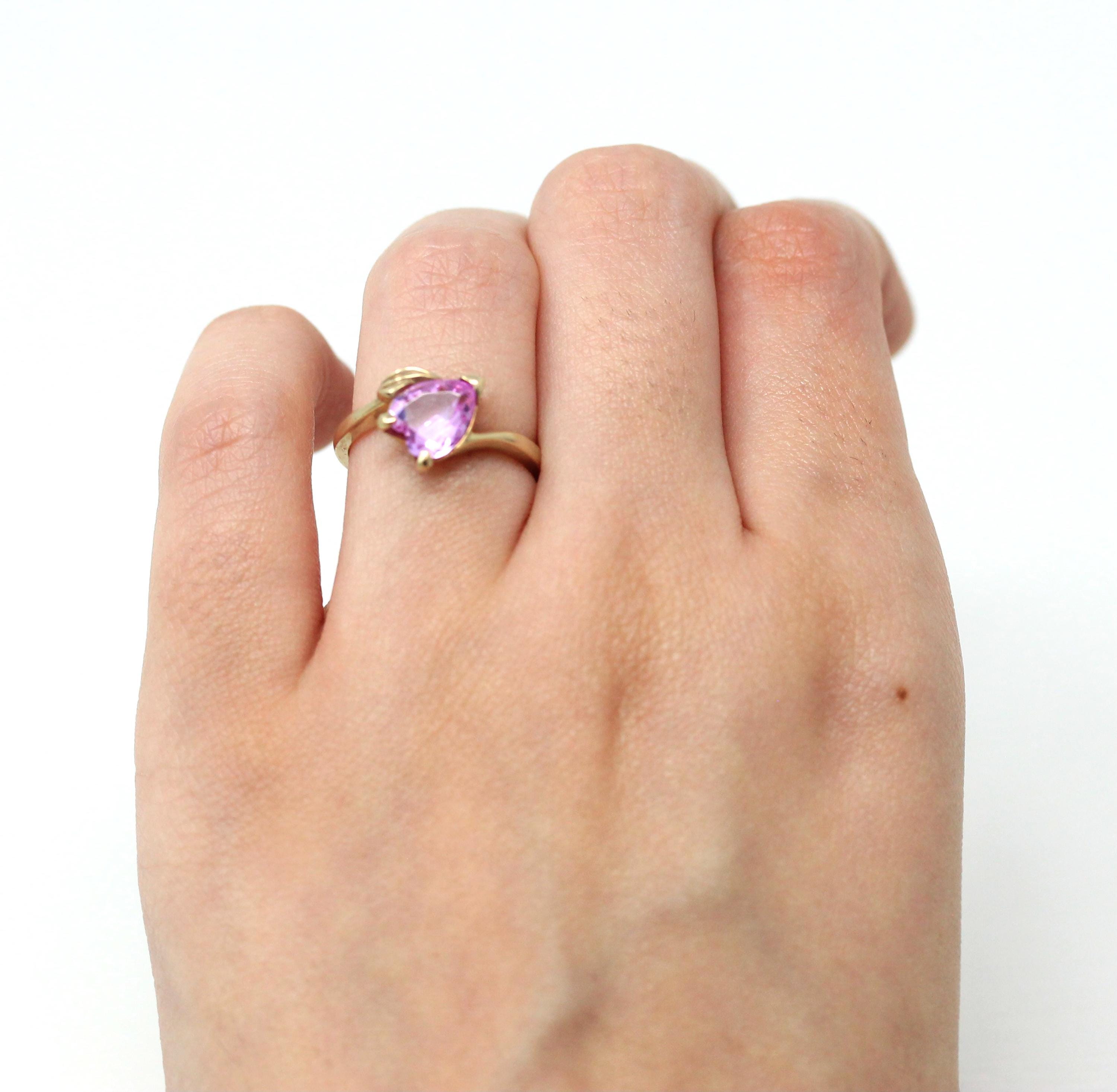 Created Pink Sapphire Ring - Retro 10k Yellow Gold Faceted Heart Cut Stone - Vintage Circa 1960s Size 4 3/4 New Old Stock Romantic Jewelry