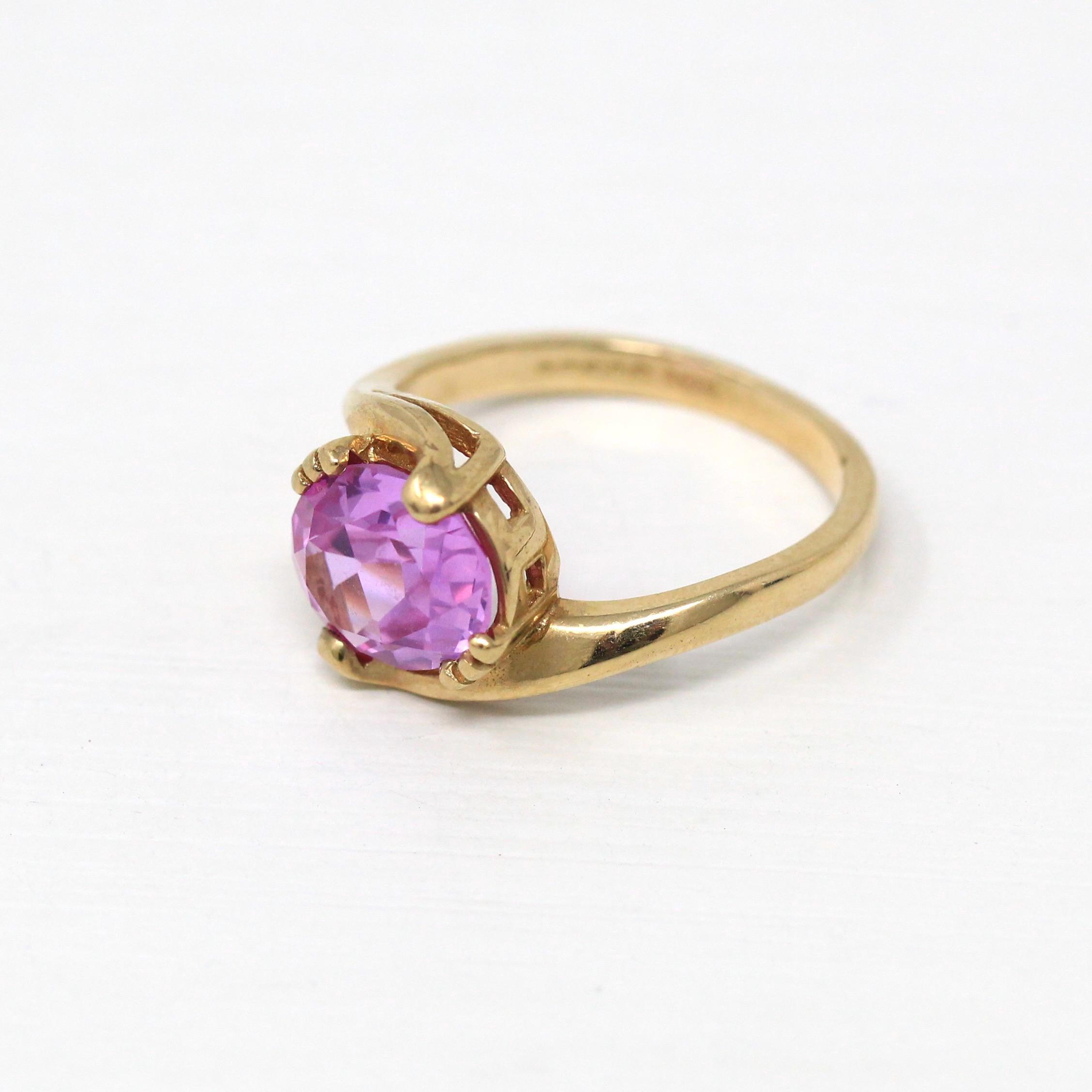 Created Pink Sapphire Ring - Retro 10k Yellow Gold Faceted 2.88 CT Stone - Vintage Circa 1960s Size 6 1/4 New Old Stock Statement Jewelry