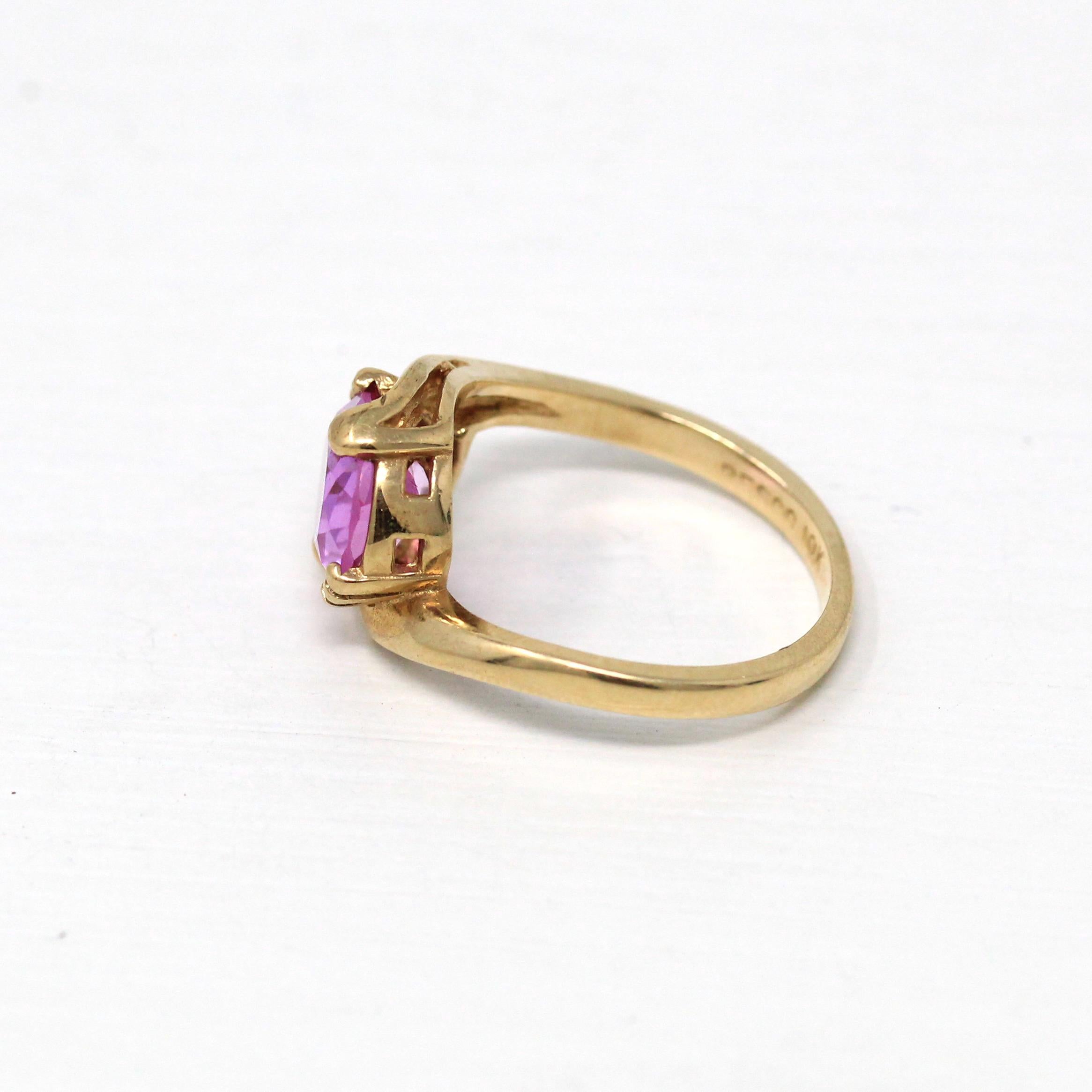 Created Pink Sapphire Ring - Retro 10k Yellow Gold Faceted 2.88 CT Stone - Vintage Circa 1960s Size 6 1/4 New Old Stock Statement Jewelry