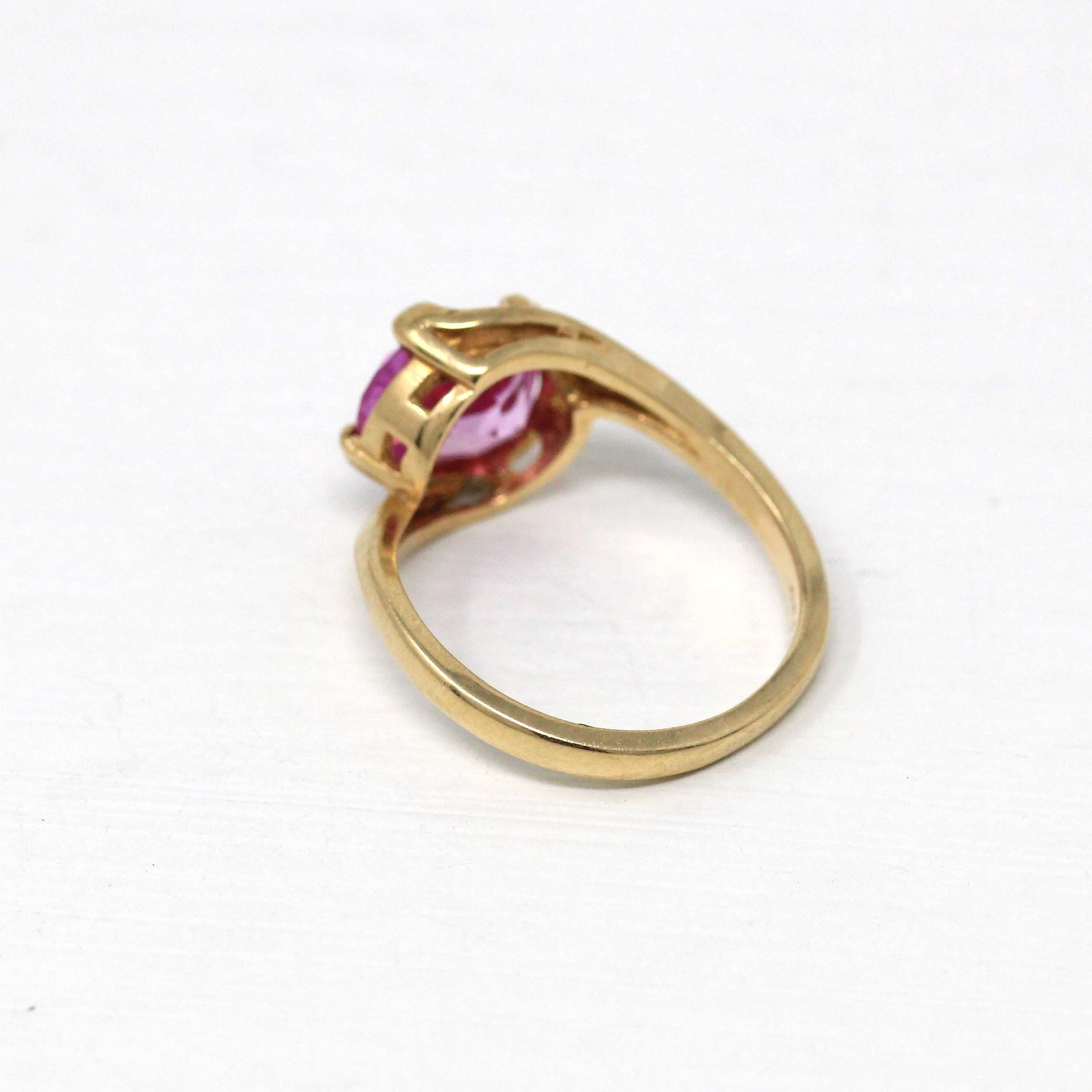 Created Pink Sapphire Ring - Retro 10k Yellow Gold Faceted 2.88 CT Stone - Vintage Circa 1960s Size 6 1/4 New Old Stock Statement Jewelry