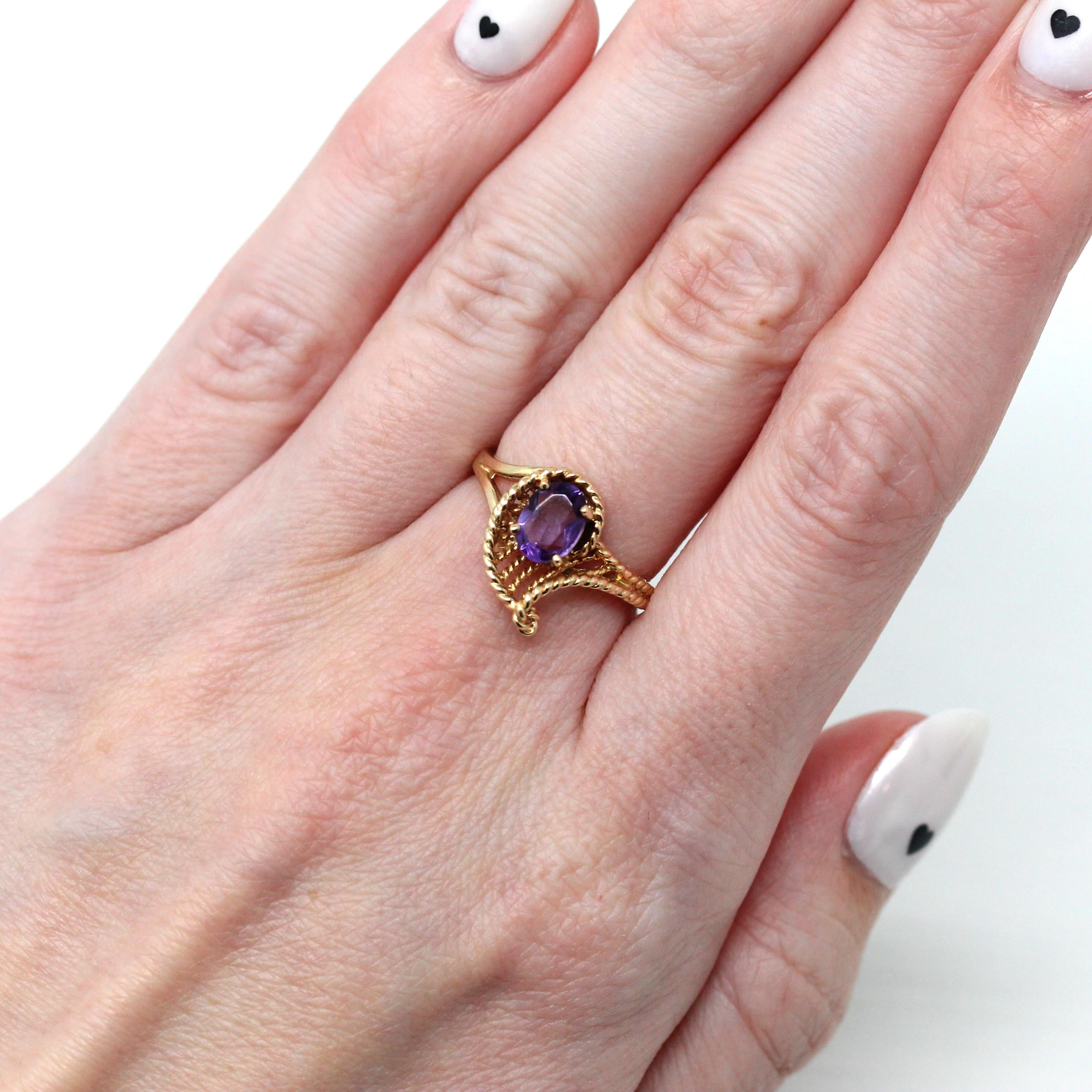 Genuine Amethyst Ring - Retro 10k Yellow Gold Oval Faceted .62 CT Purple Gemstone - Vintage Circa 1970s Era Size 6 New Old Stock Jewelry