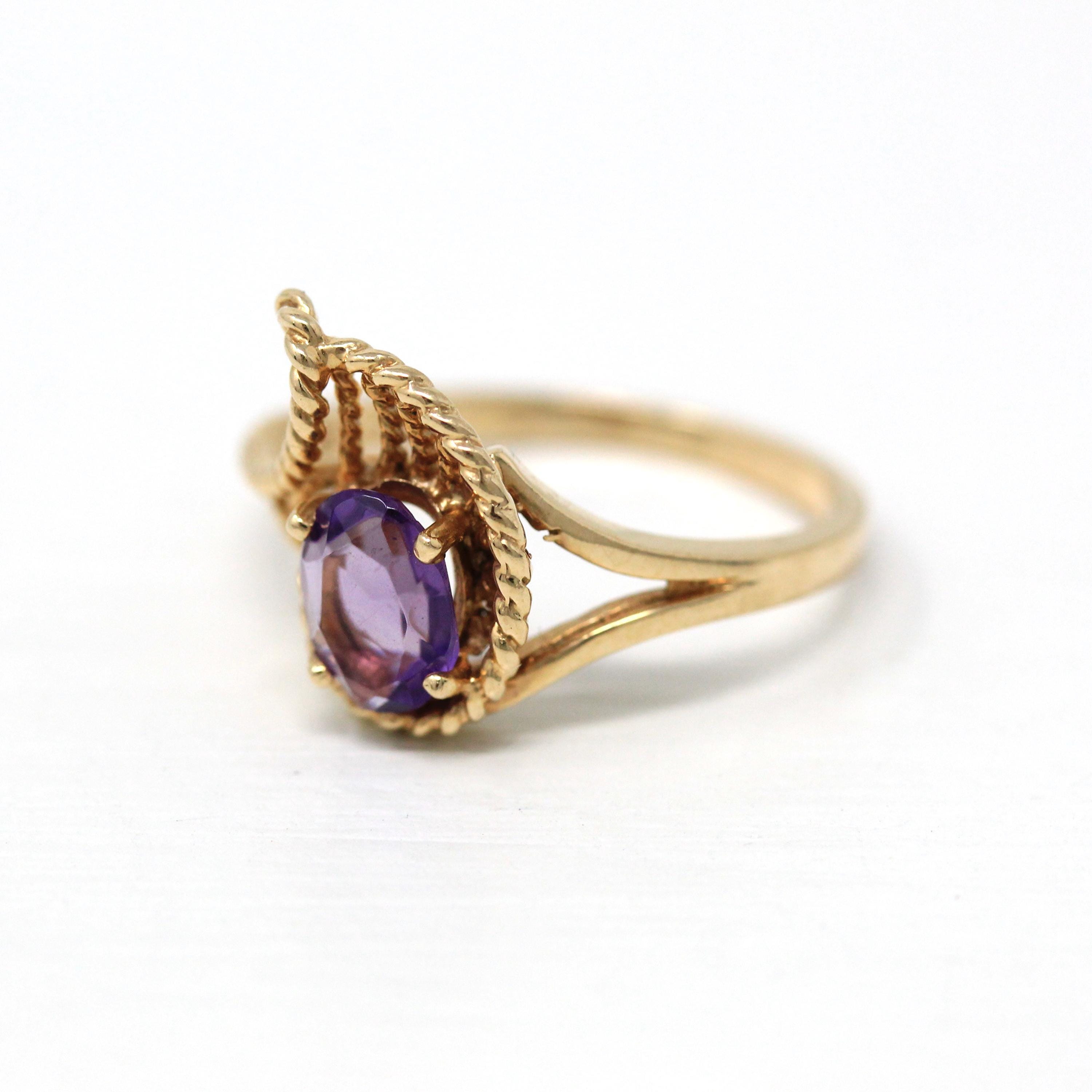 Genuine Amethyst Ring - Retro 10k Yellow Gold Oval Faceted .62 CT Purple Gemstone - Vintage Circa 1970s Era Size 6 New Old Stock Jewelry