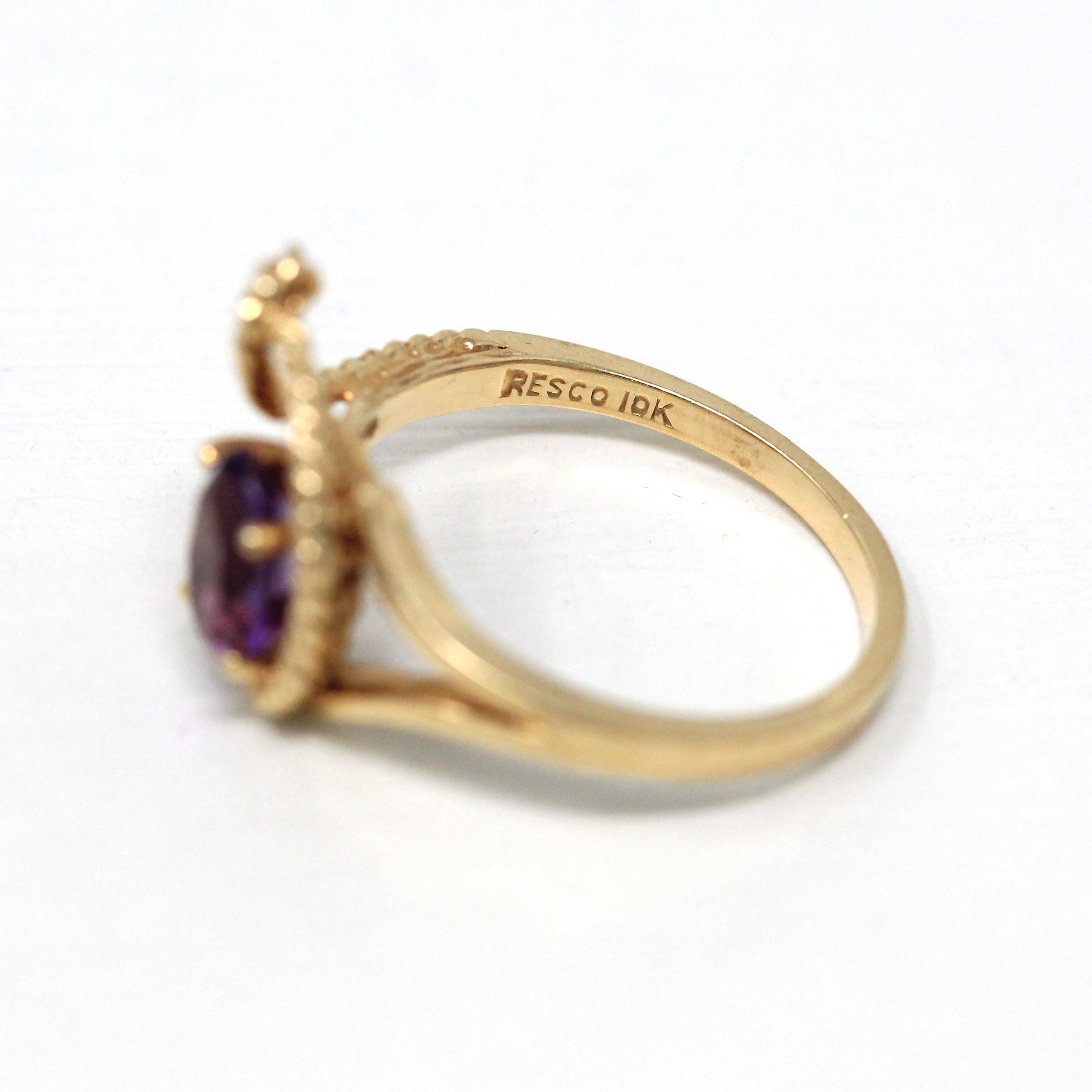 Genuine Amethyst Ring - Retro 10k Yellow Gold Oval Faceted .62 CT Purple Gemstone - Vintage Circa 1970s Era Size 6 New Old Stock Jewelry