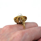 Tiger's Eye Ring - Retro 10k Yellow Gold Cultured Pearl Flower Cluster - Vintage Circa 1970s Era Size 5 3/4 New Old Stock Fine 70s Jewelry