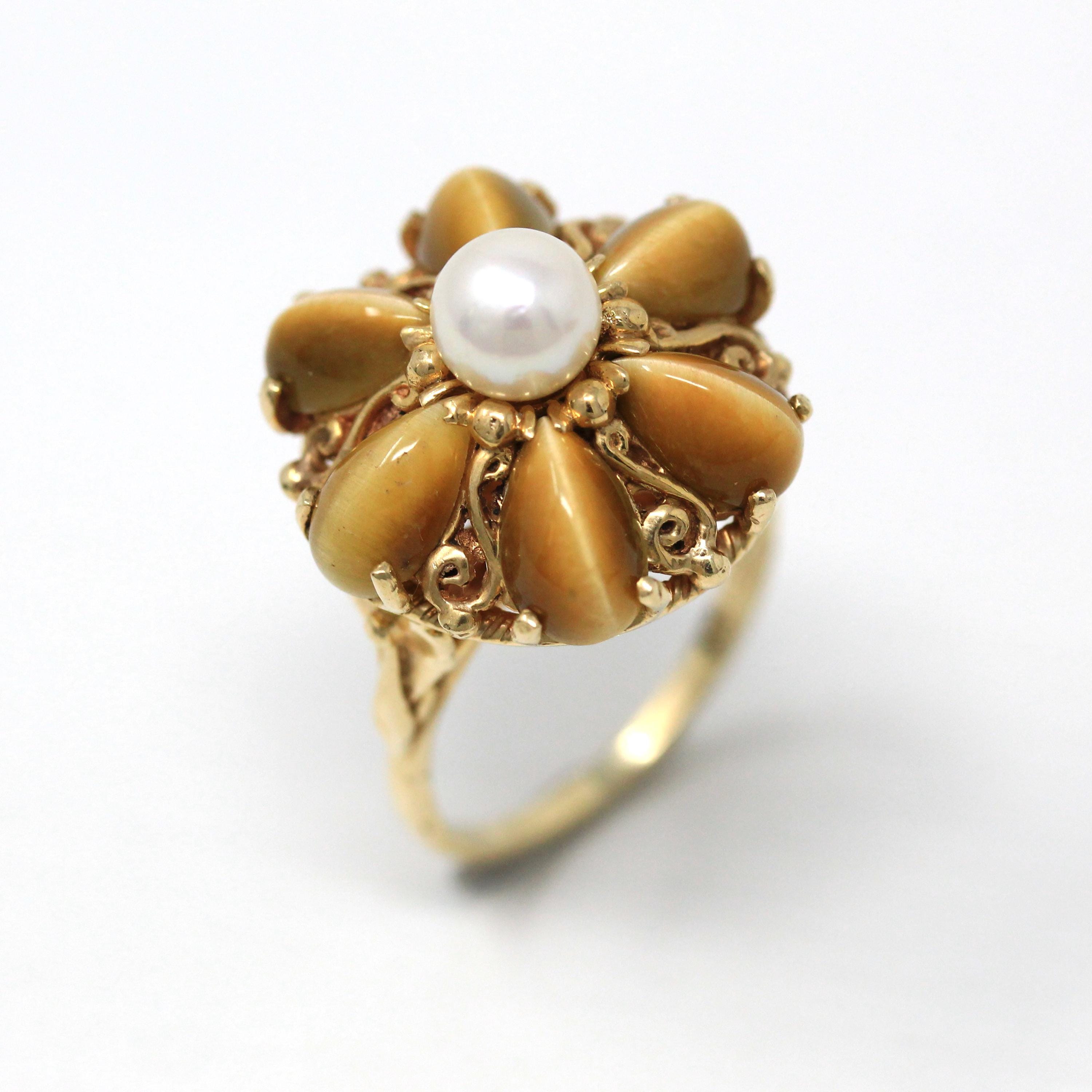 Tiger's Eye Ring - Retro 10k Yellow Gold Cultured Pearl Flower Cluster - Vintage Circa 1970s Era Size 5 3/4 New Old Stock Fine 70s Jewelry