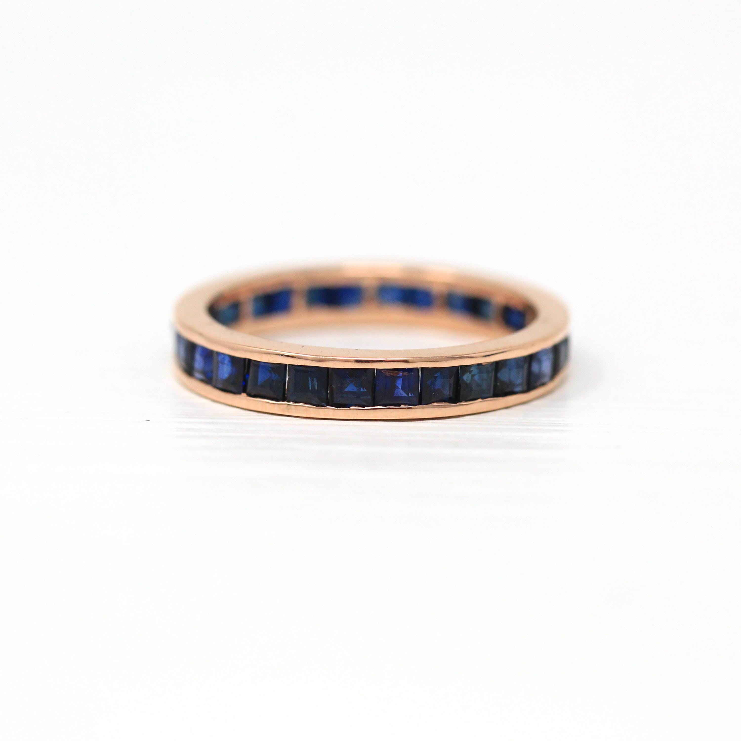 Genuine Sapphire Band - Estate 14k Rose Gold Blue Gemstones Eternity Ring - Modern Size 6 1/4 Wedding September Birthstone Fine Jewelry