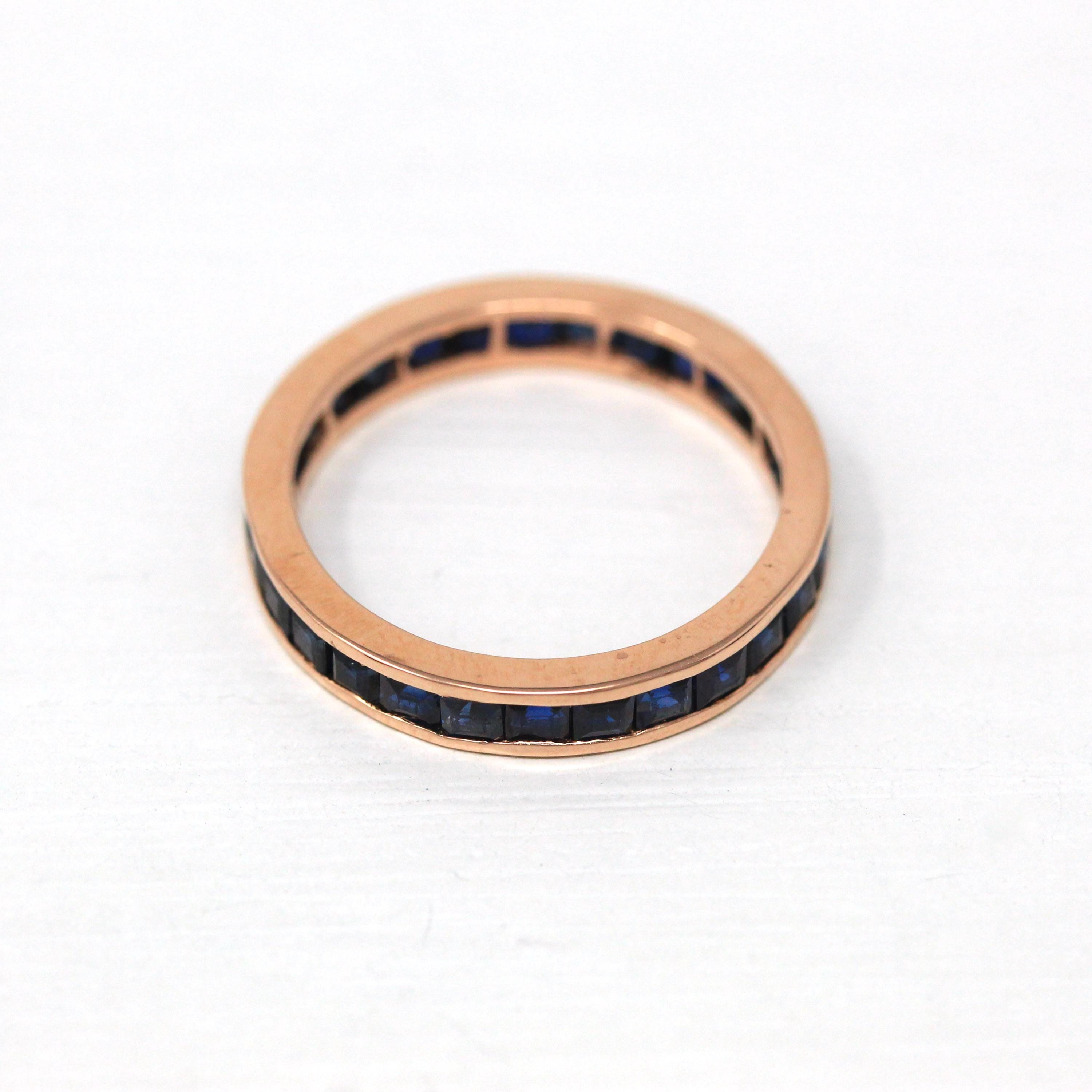 Genuine Sapphire Band - Estate 14k Rose Gold Blue Gemstones Eternity Ring - Modern Size 6 1/4 Wedding September Birthstone Fine Jewelry