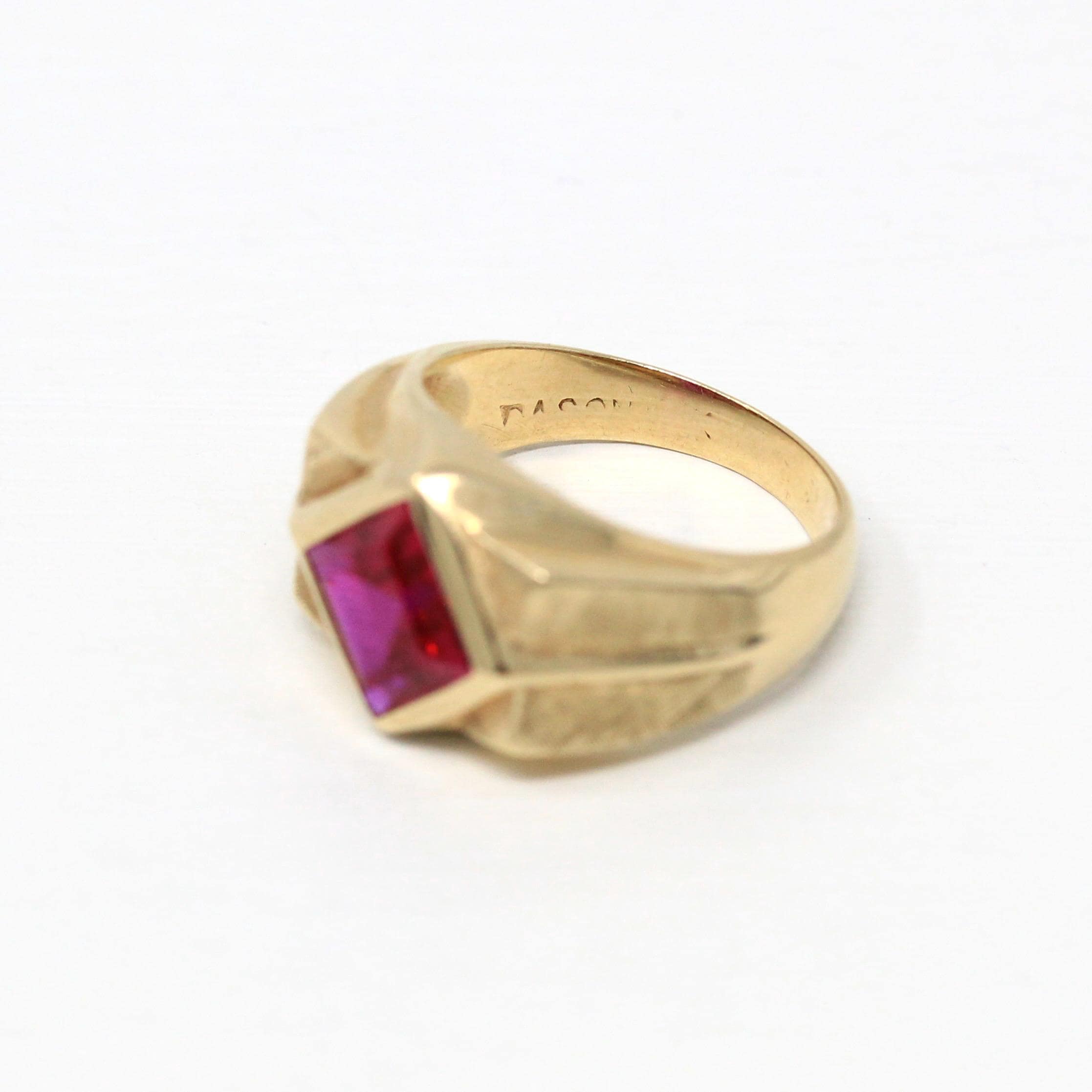 Created Ruby Ring - Retro 10k Yellow Gold Square Cut Red Stone Chunky Men's Band - Vintage Circa 1960s Era Size 8 3/4 New Old Stock Jewelry