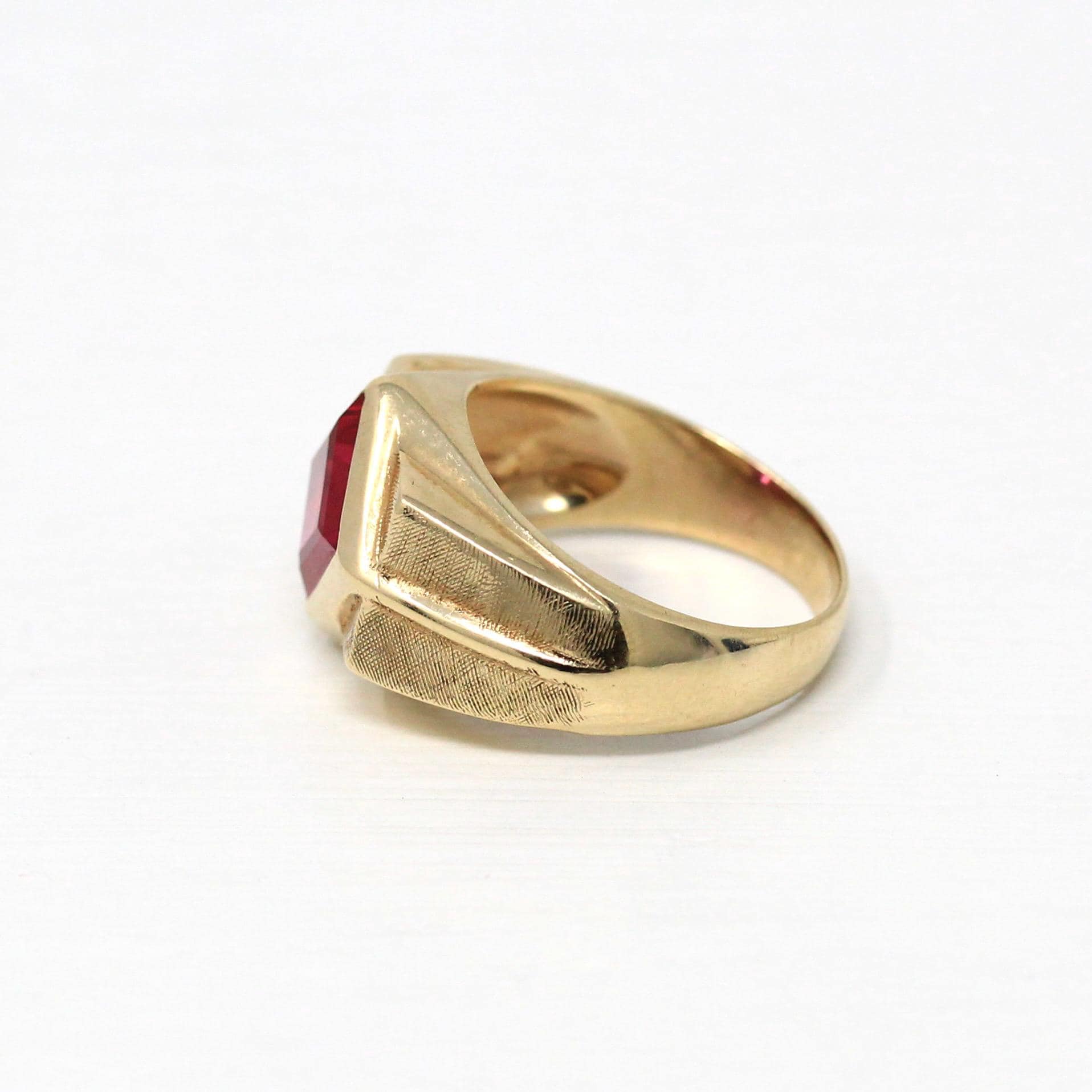 Created Ruby Ring - Retro 10k Yellow Gold Square Cut Red Stone Chunky Men's Band - Vintage Circa 1960s Era Size 8 3/4 New Old Stock Jewelry