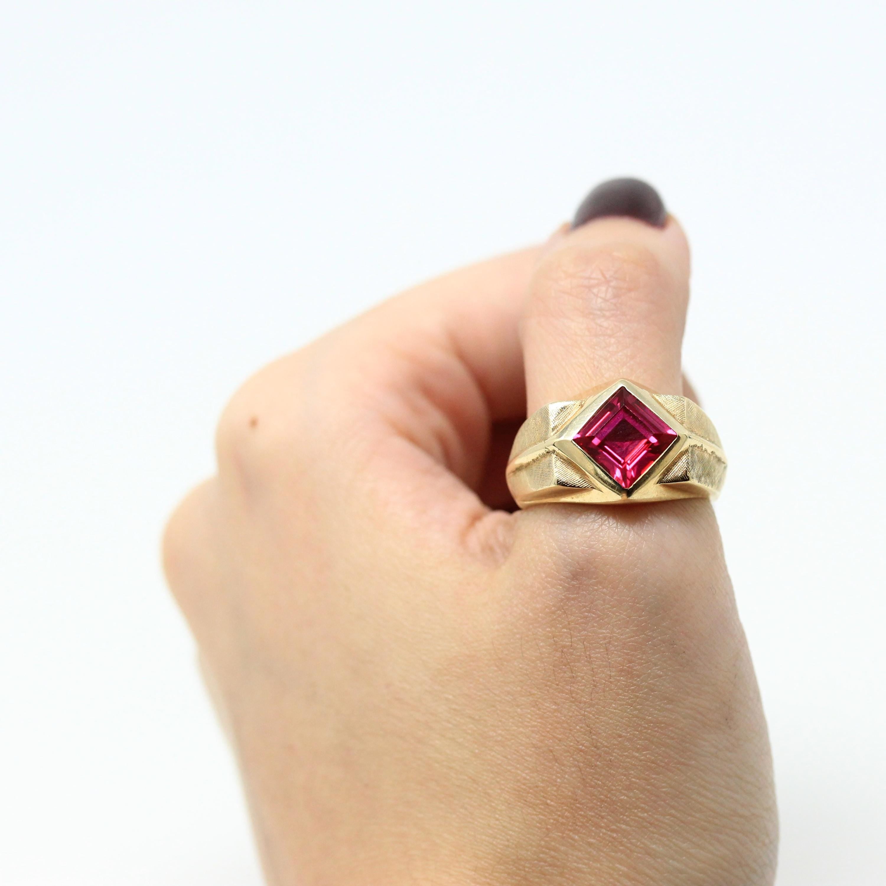 Created Ruby Ring - Retro 10k Yellow Gold Square Cut Red Stone Chunky Men's Band - Vintage Circa 1960s Era Size 8 3/4 New Old Stock Jewelry