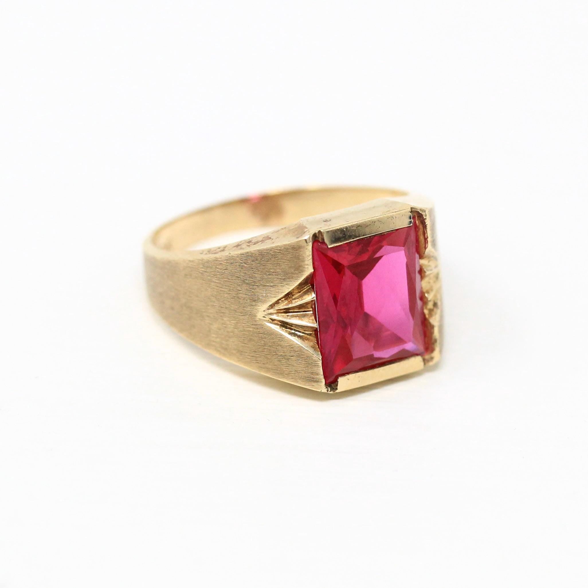 Created Ruby Ring - Retro 10k Yellow Gold Faceted 6.70 ct Rectangular Stone - Vintage Circa 1960s Size 7 New Old Stock Statement Jewelry