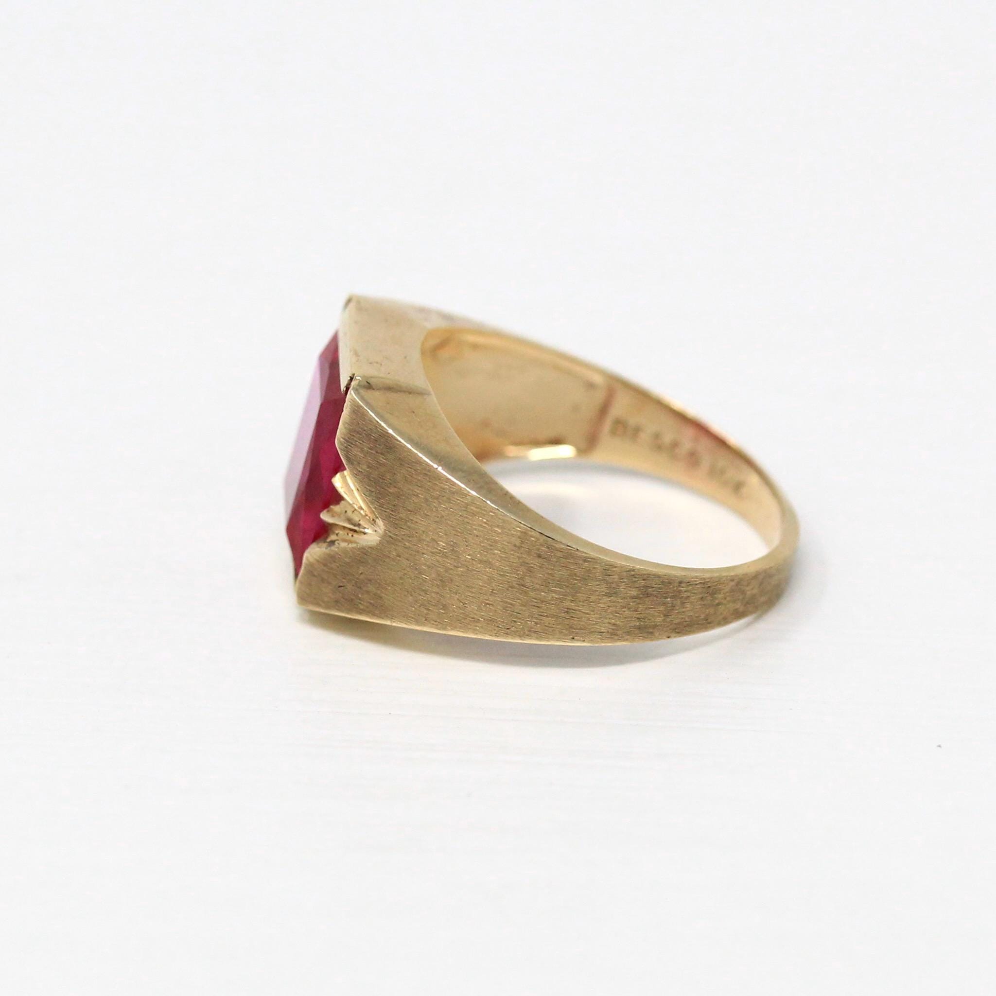 Created Ruby Ring - Retro 10k Yellow Gold Faceted 6.70 ct Rectangular Stone - Vintage Circa 1960s Size 7 New Old Stock Statement Jewelry