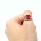 Created Ruby Ring - Retro 10k Yellow Gold Faceted 6.70 ct Rectangular Stone - Vintage Circa 1960s Size 7 New Old Stock Statement Jewelry