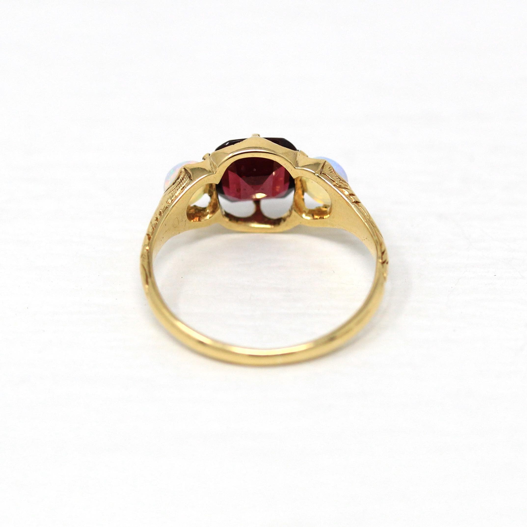 Garnet & Opal Ring - Edwardian 18k Yellow Gold Genuine Gemstones - Antique Circa 1900s Era Size 4 1/2 October Birthstone Fine Jewelry