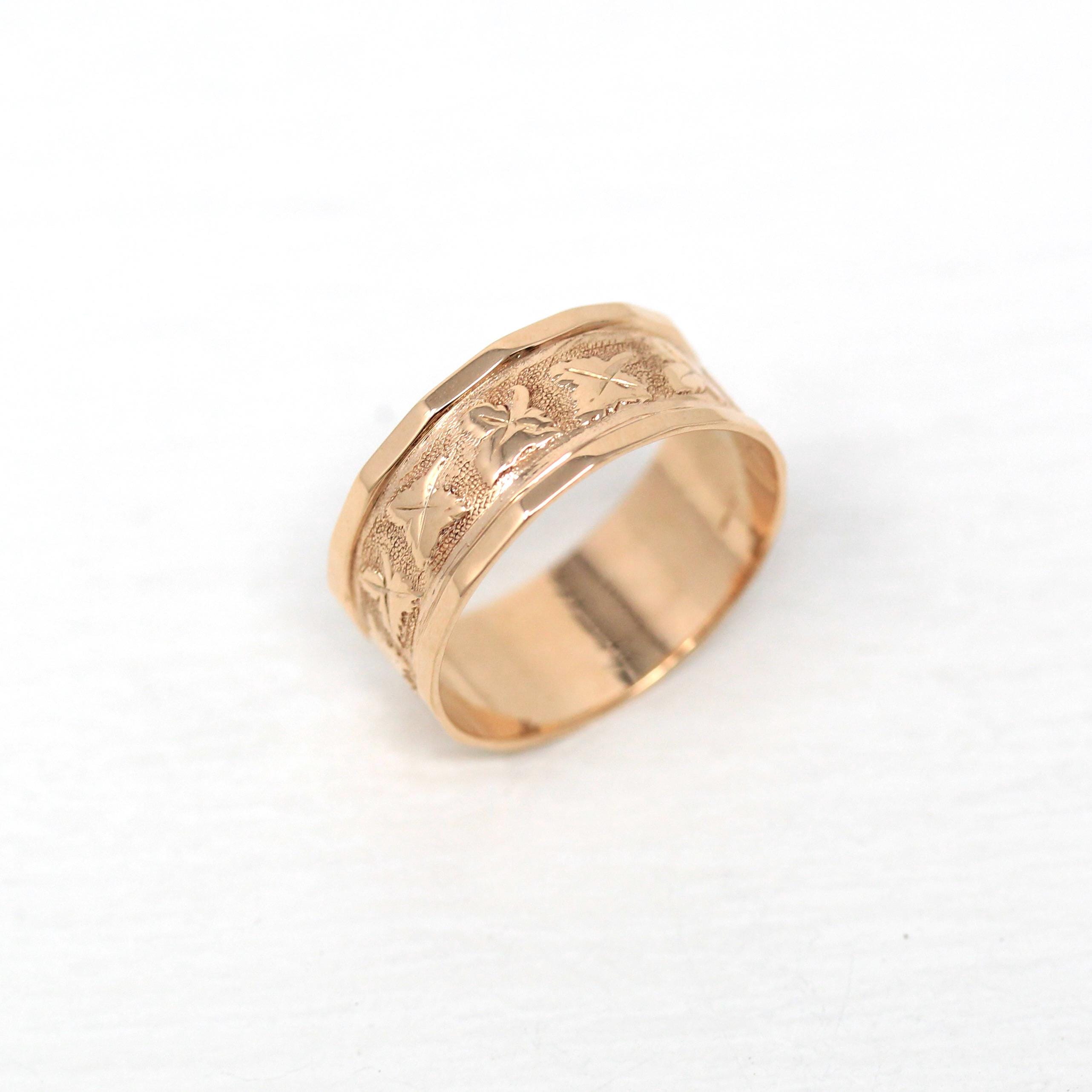 Antique Cigar Band - Victorian 14k Rose Gold Engraved Designs Ivy Leaf Ring - Circa 1890s Era Size 7 1/4 Symbolic Nature Fine Jewelry