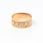 Antique Cigar Band - Victorian 14k Rose Gold Engraved Designs Ivy Leaf Ring - Circa 1890s Era Size 7 1/4 Symbolic Nature Fine Jewelry